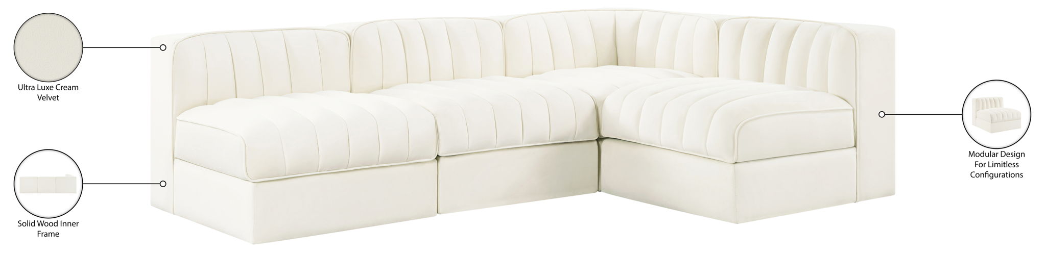 Rummi - Armless Velvet Performance Fabric Upholstered 4 Piece Modular Sectional