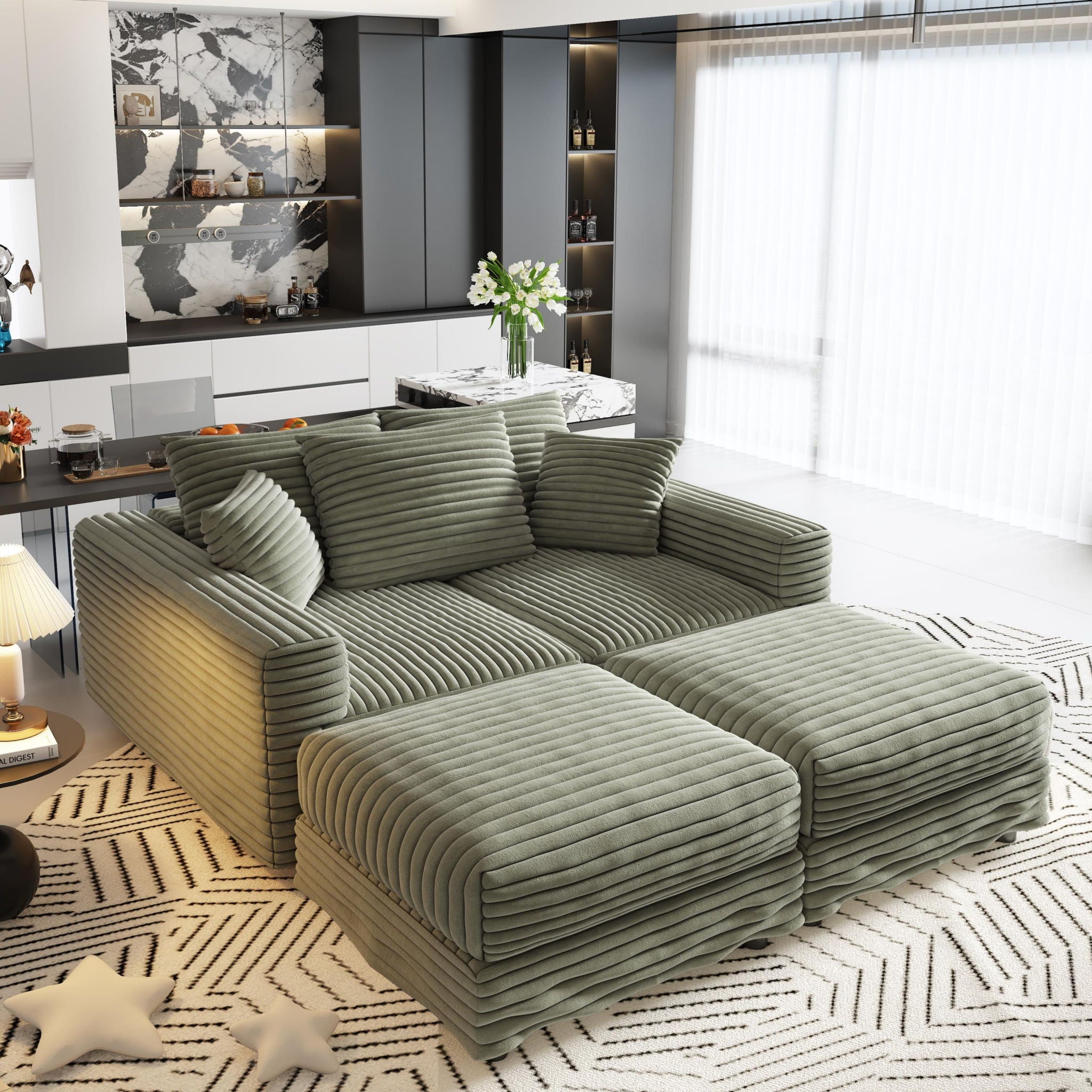 Convertible Deep Seat Sofa With Soft Pillows And Ottomans