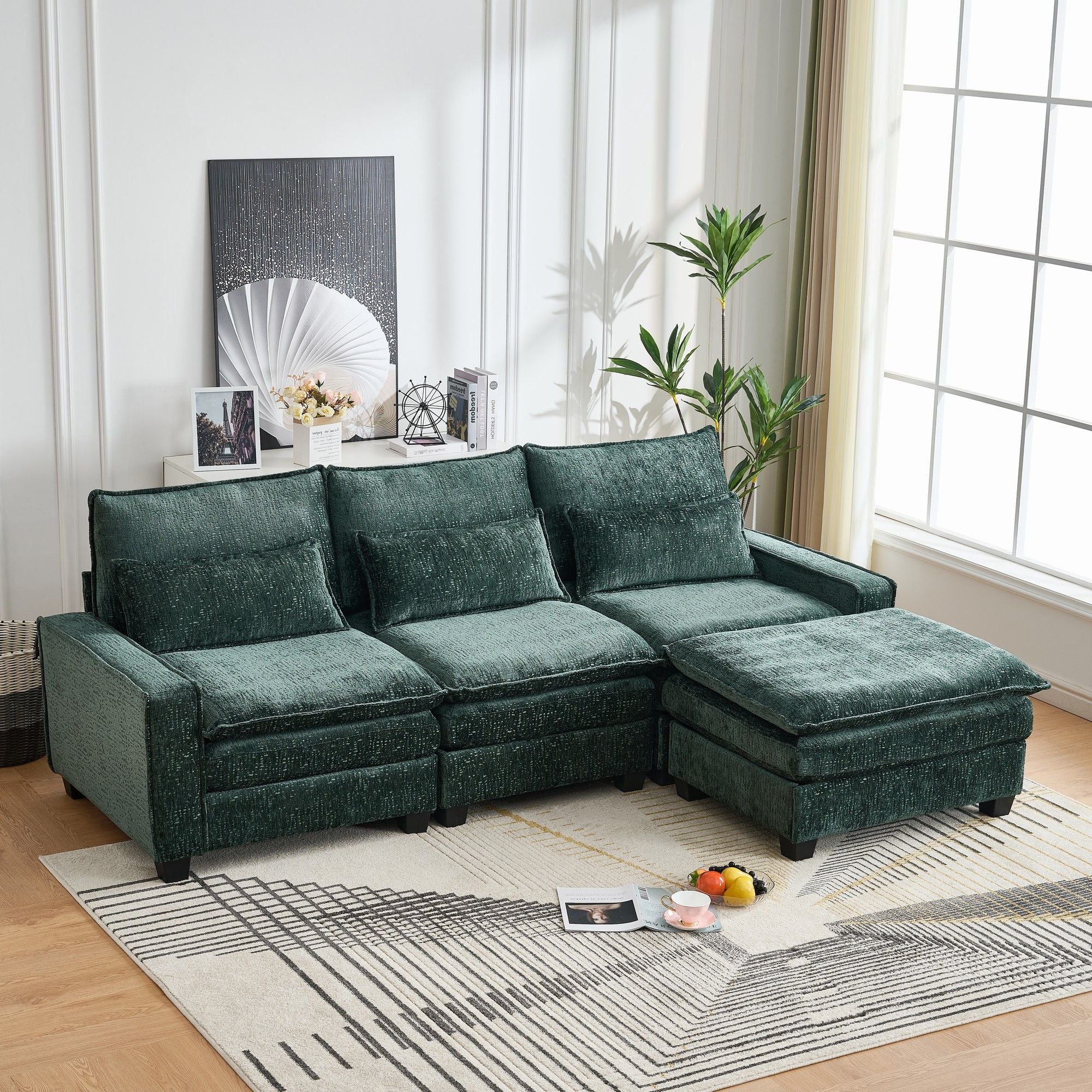 Modern Comfy L Shaped Sectional Sofa With Movable Ottoman