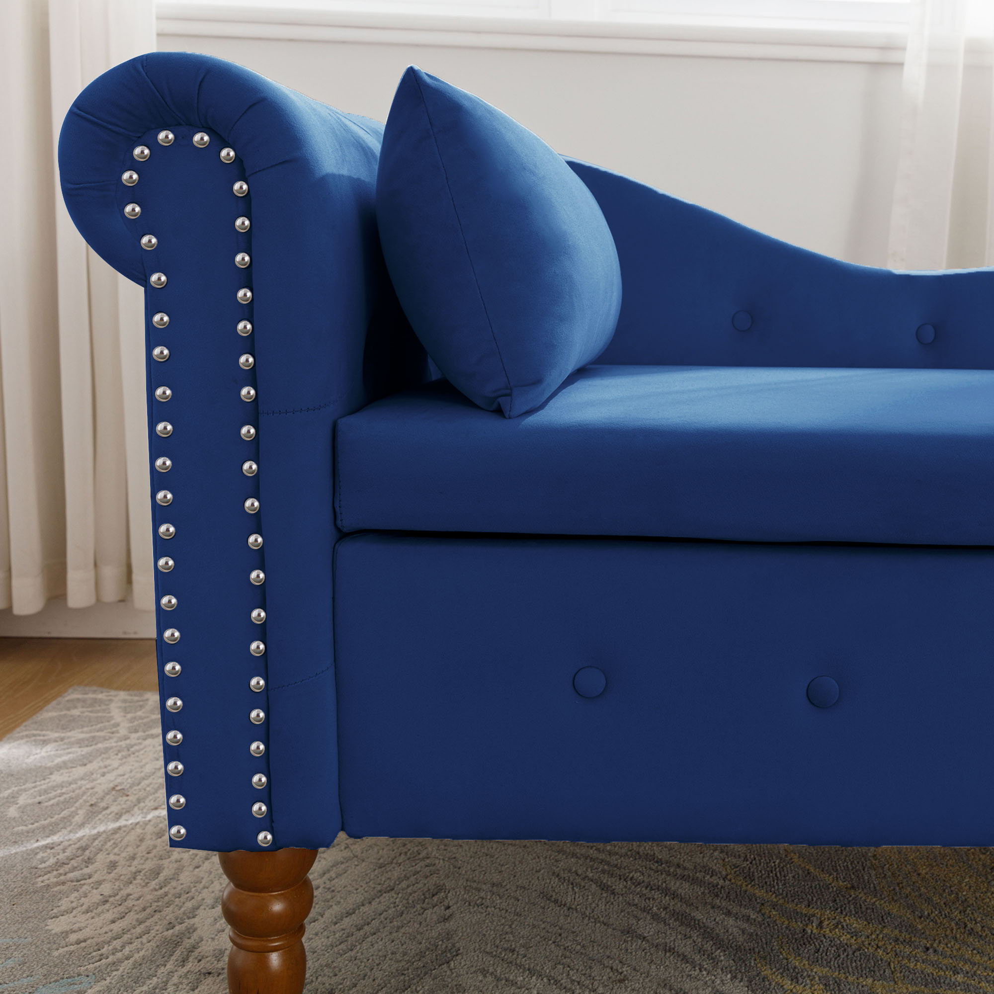 Chaise Lounge Indoor, Lounge Chair For Bedroom With Storage & Pillow, Modern Upholstered Rolled Arm Chase Lounge For Sleeping With Nailhead Trim For Living Room Bedroom Office
