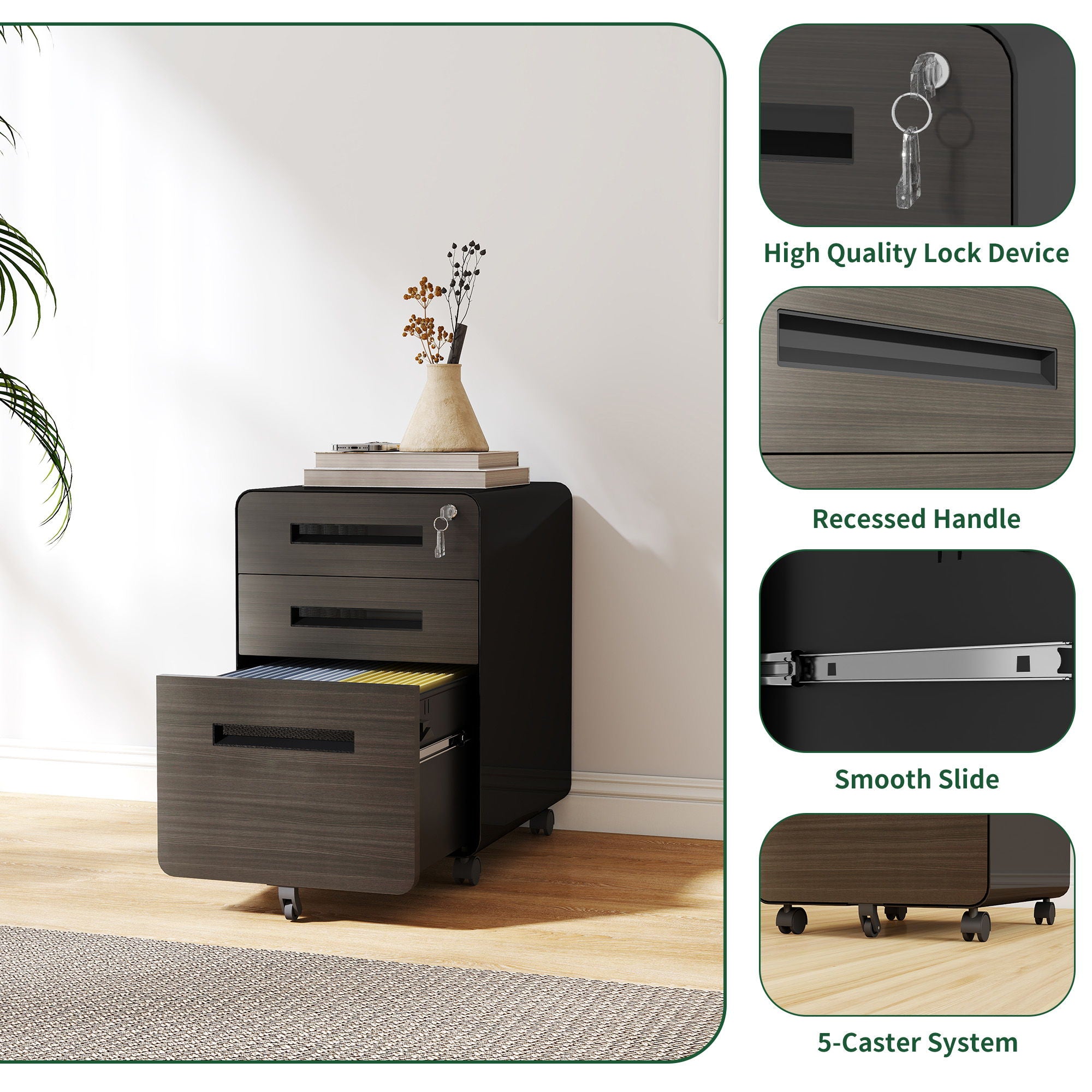 3-Drawer Mobile File Cabinet With Lock, On Casters, Holds A4/Letter Files
