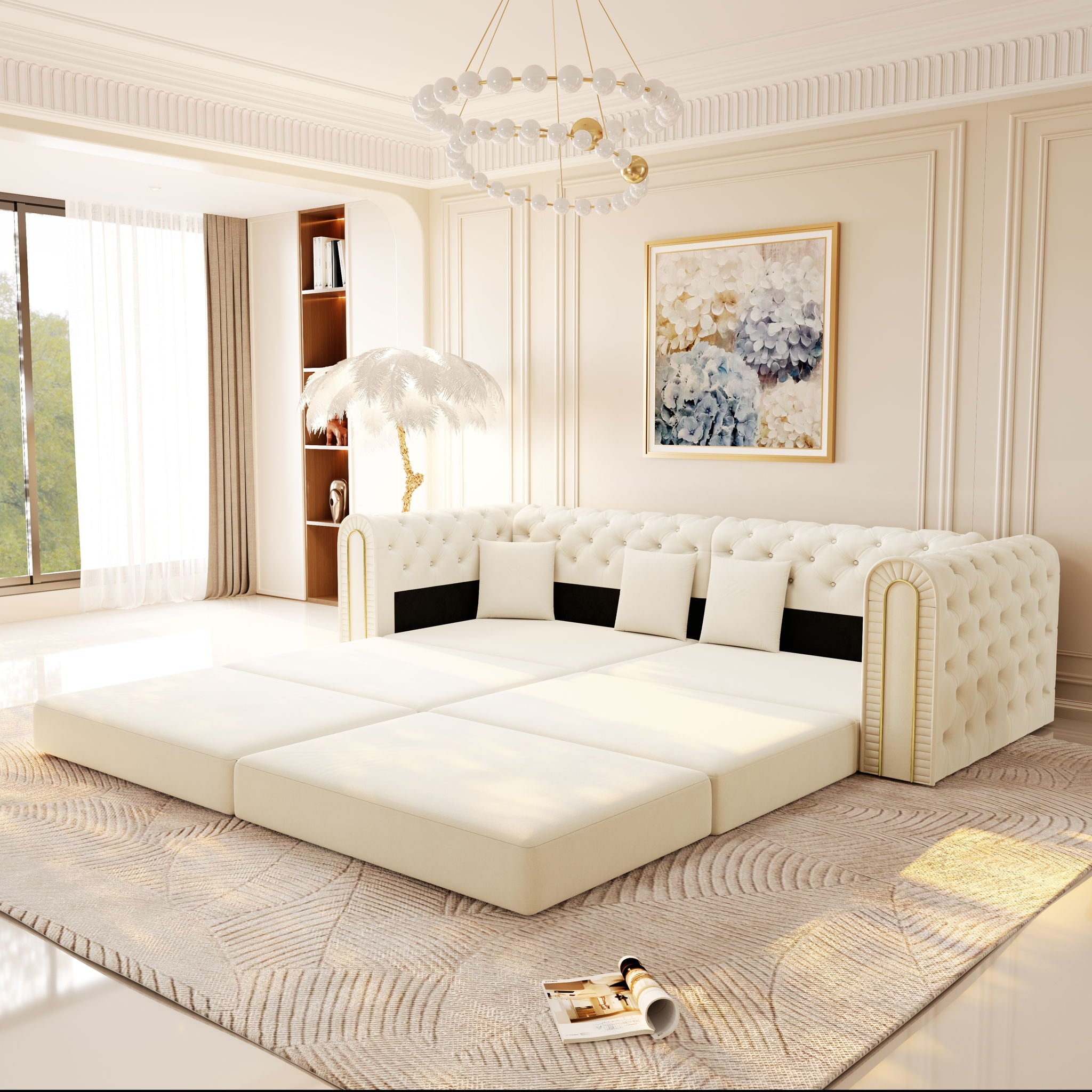 3-In-1 Convertible Sleeper Sofa With Movable Ottoman For Living Room