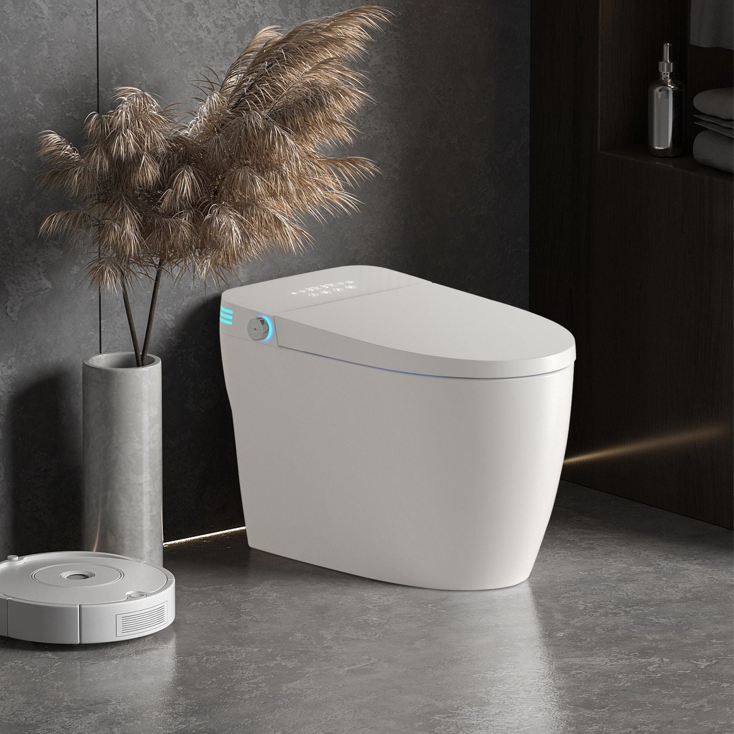 Tankless Smart Toilet With Bidet Built In, 1 Piece Bidet Toilet Seat, Auto Flush, Heated Seat, Warm Water And Dry, Adjustable Temp, Remote Control Side Know - White