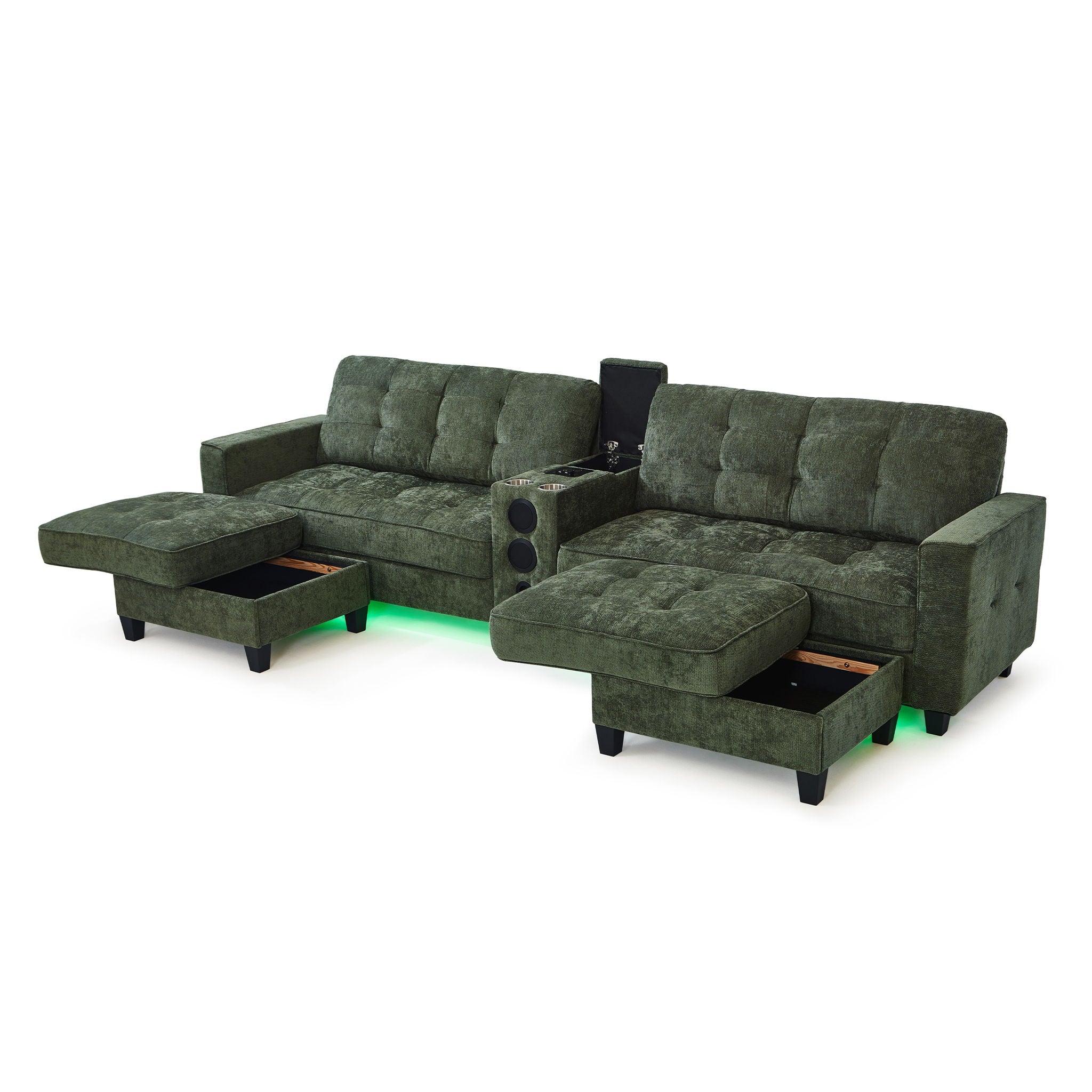 Modern Sectional Sofa U-Shaped With Movable Ottomans, tooth Speakers, LED Lights And Modular Storage