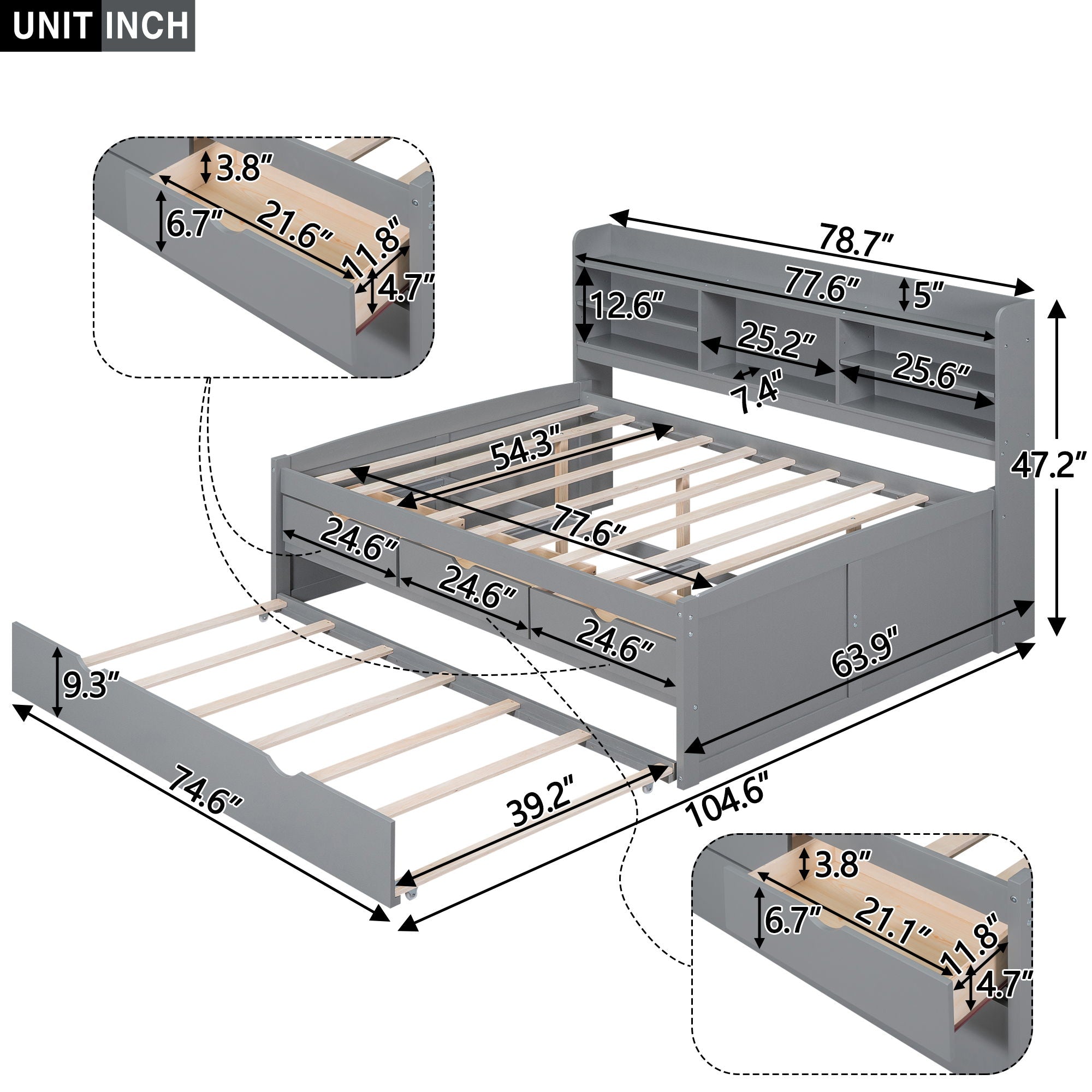 Captain Bed With Built In Bookshelves, 3 Storage Drawers, And Trundle