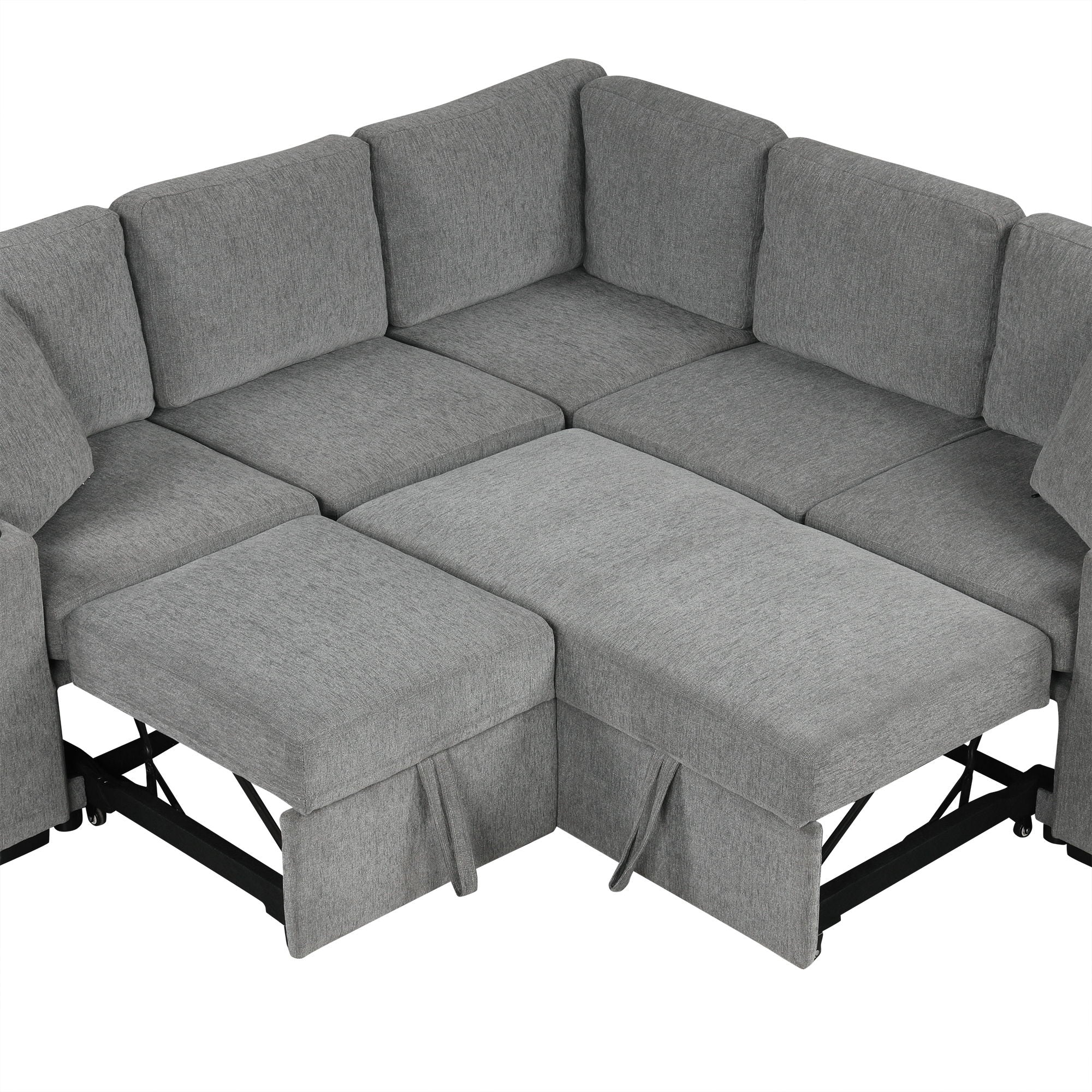 Sectional Sofa Convertible Pull-Out Bed With Storage Ottoman & USB Ports