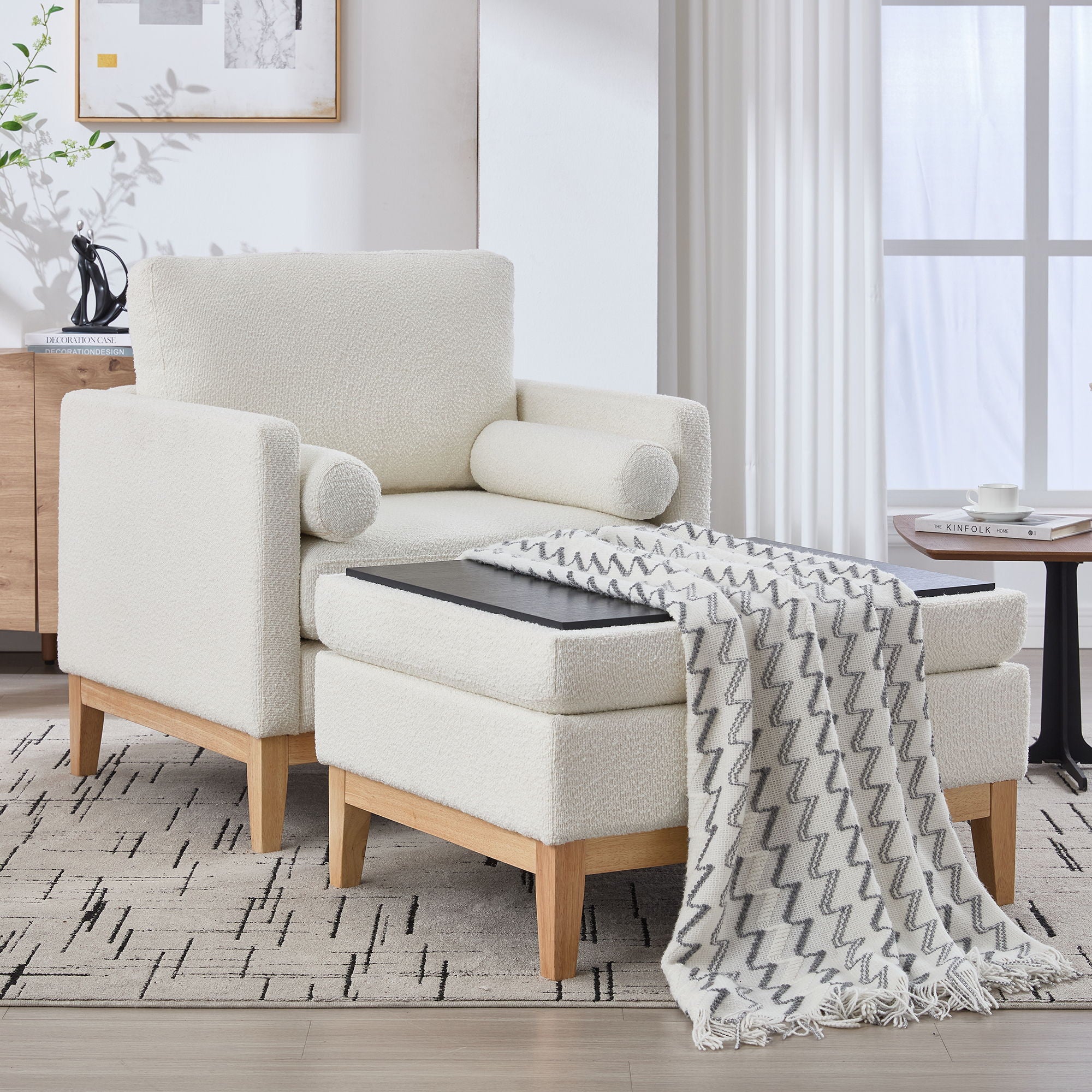 Oversized 360 Degree Swivel Barrel Accent Chair And Ottoman Set With Storage