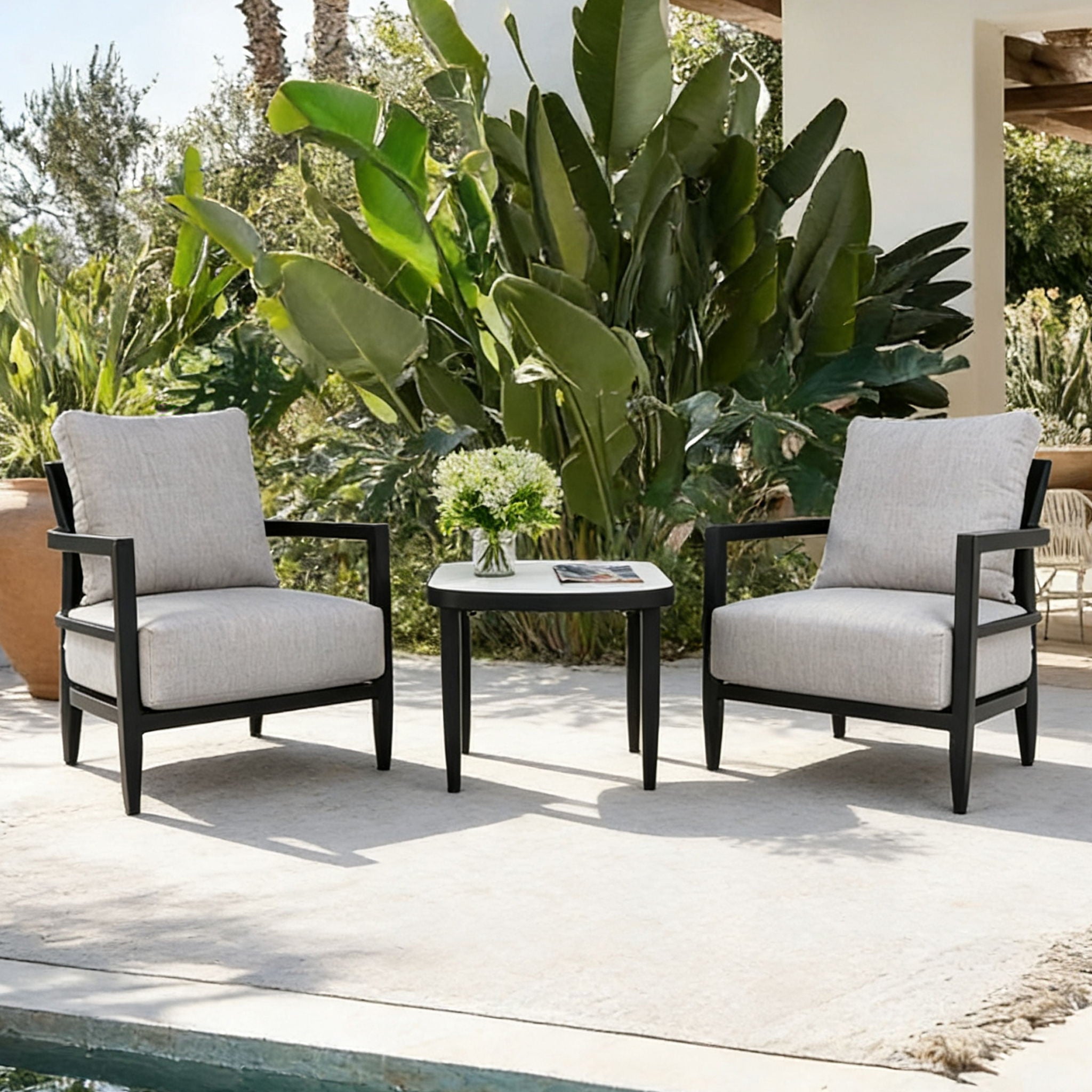 Outdoor Patio Furniture, Chat Set, Sunbrella Cushions And Side Table