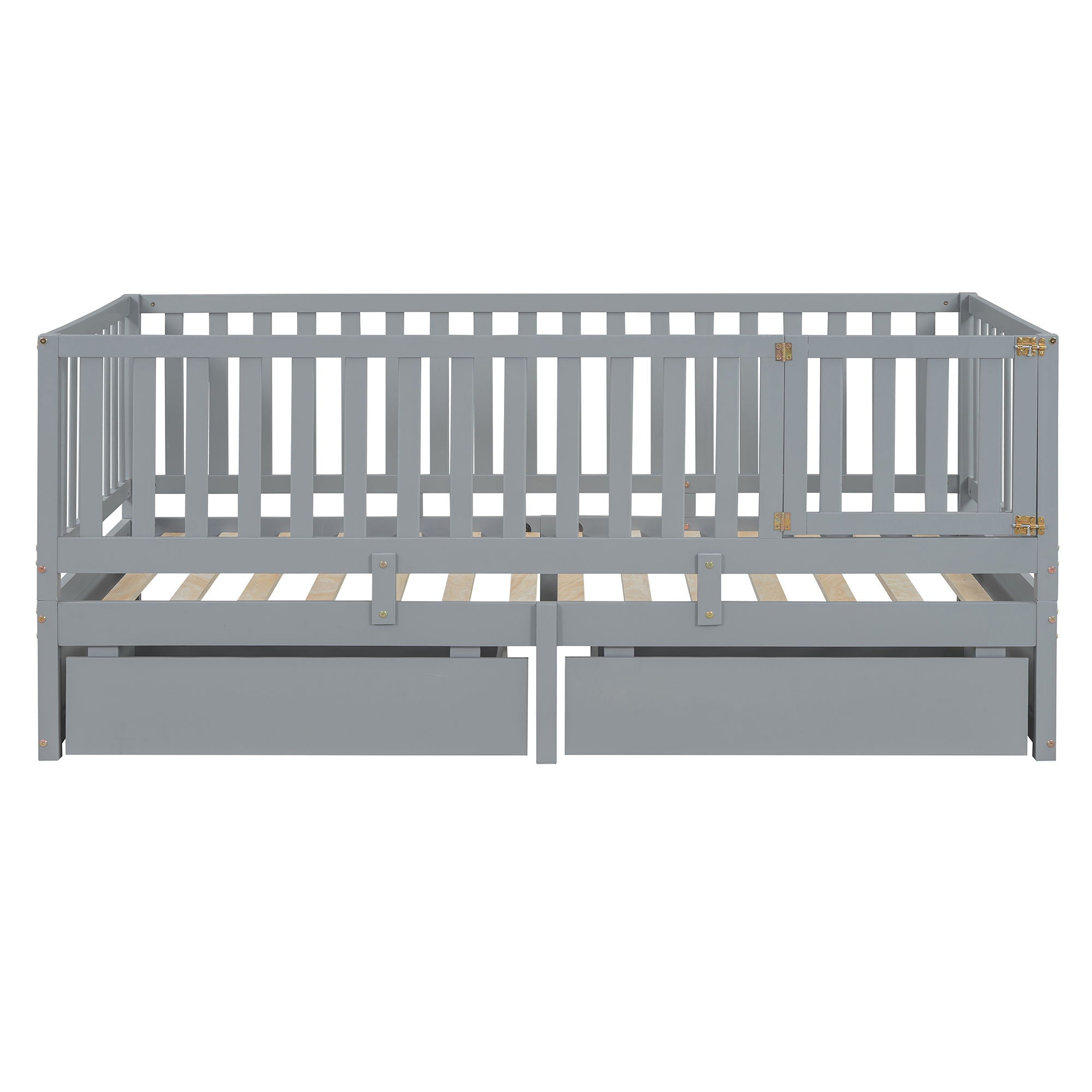 Daybed With Fence Guardrails And 2 Drawers, Split Into Independent Floor Bed & Daybed