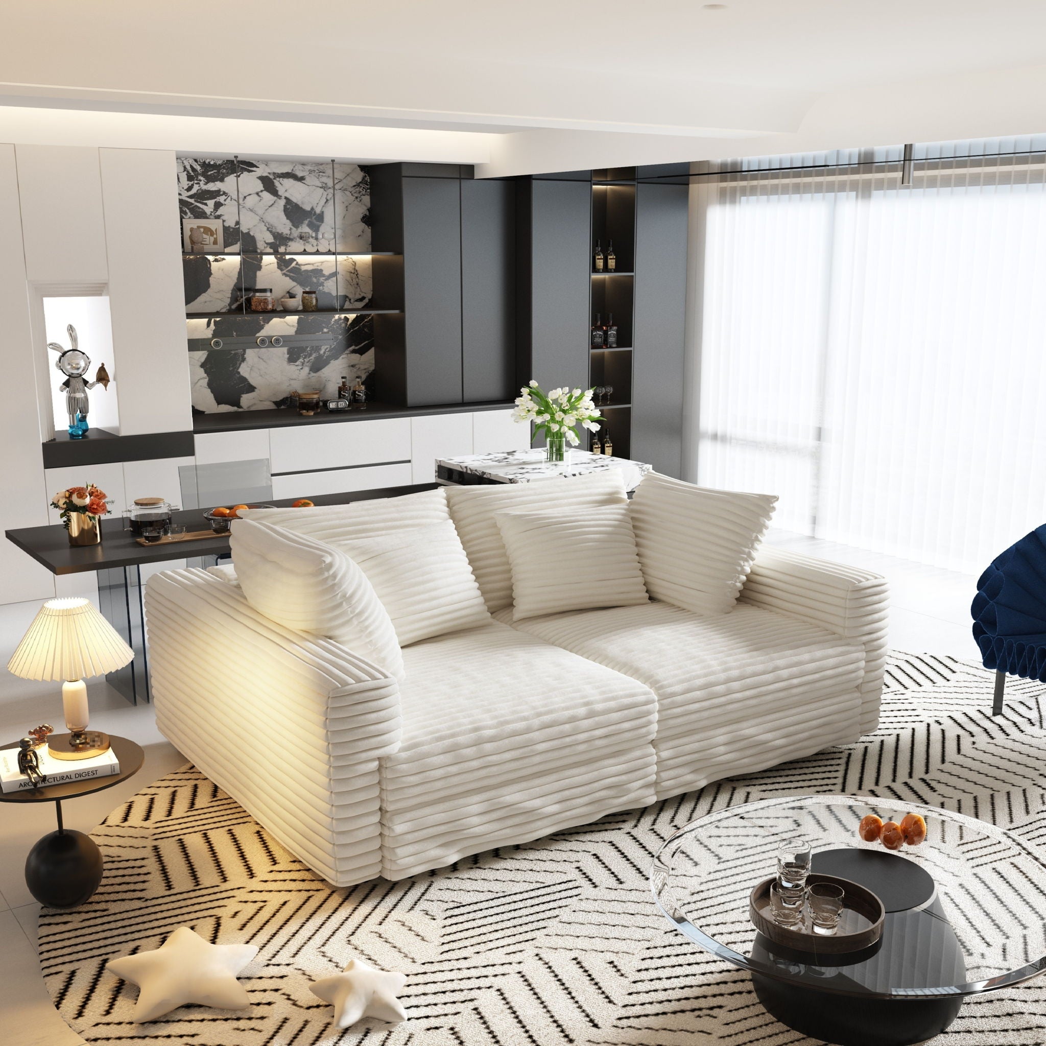 4 Seat Sofa With Soft Pillows And Movable Ottoman