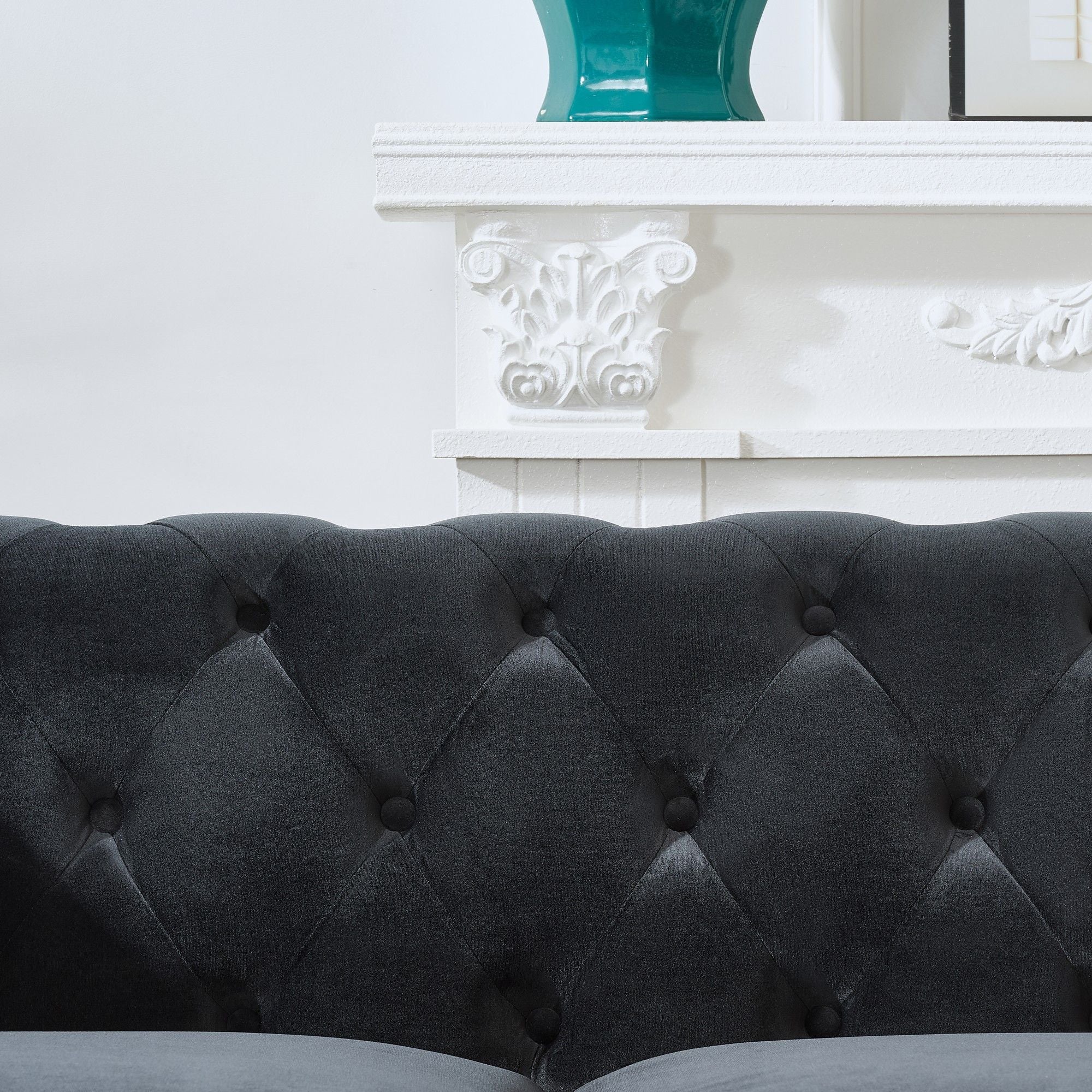 Chesterfield Upholstery Fabric Sofa With Roll Armrest & Nailhead, Mid Century Modern 3 And 3 Seater Couch