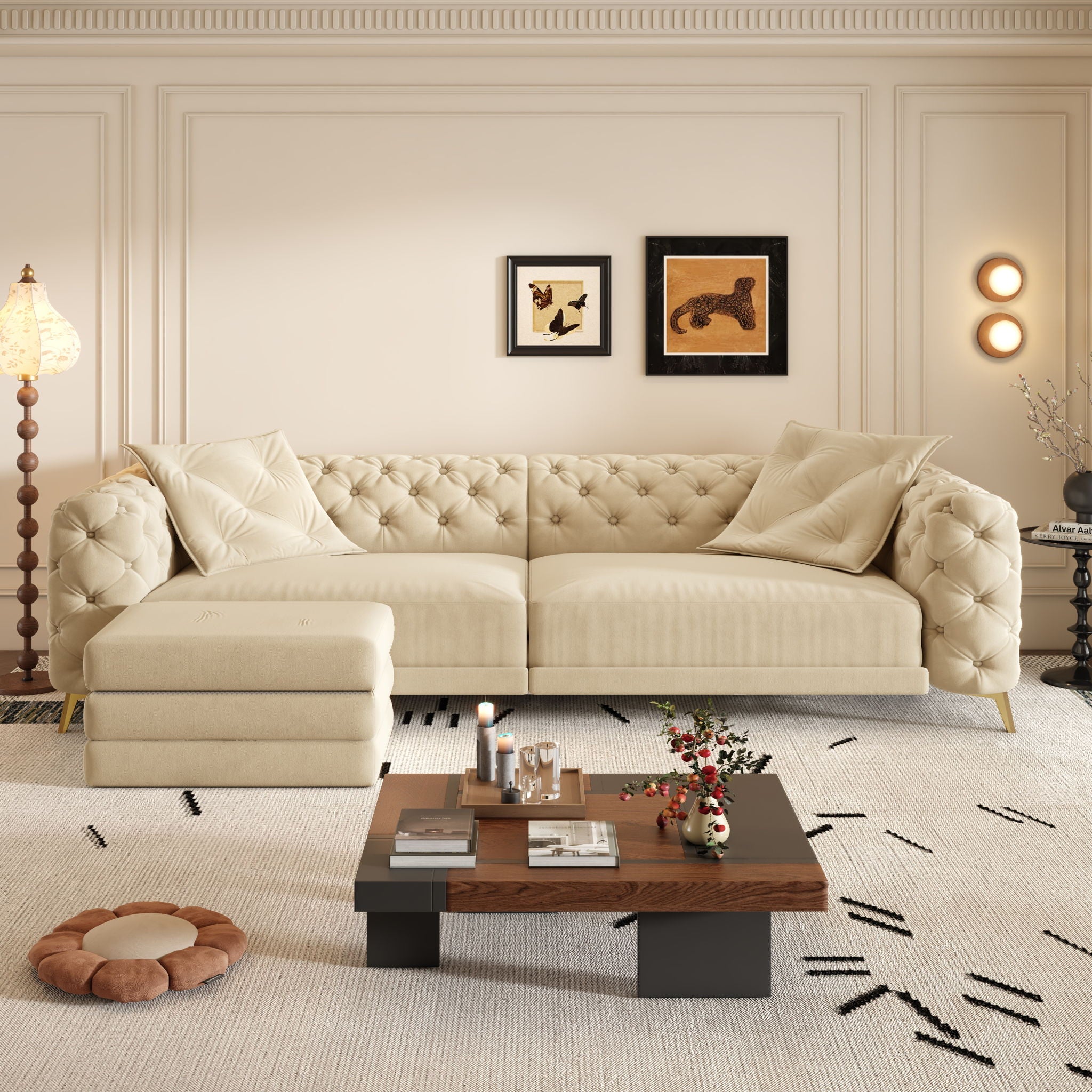 3 In 1 Convertible Sleeper Sofa, Pull Out Bed, Button Tufted, 4 Seater Couch With Movable Ottoman For Apartment - Apricot