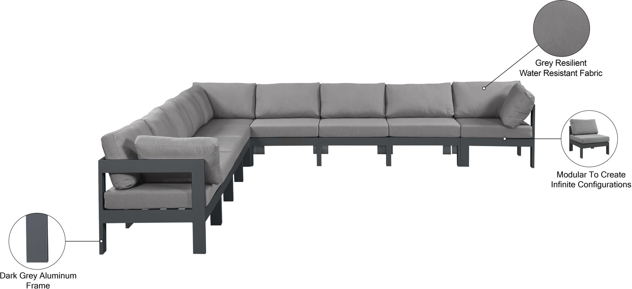 Nizuc - Outdoor Patio 9 Piece Modular Sectional With Gray Frame