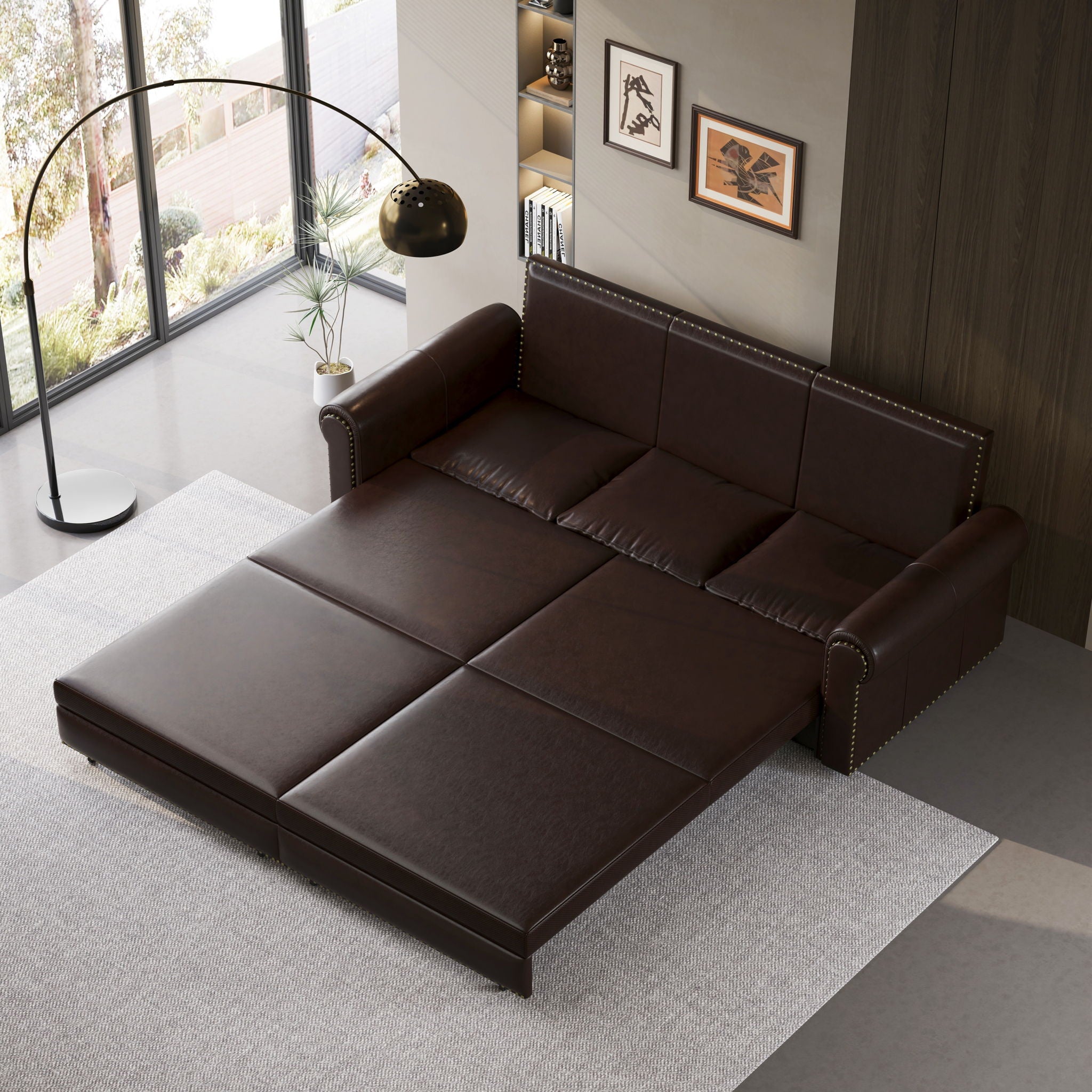 3 In 1 Convertible Sleeper Sofa With Nailhead Trim & Rolled Arm