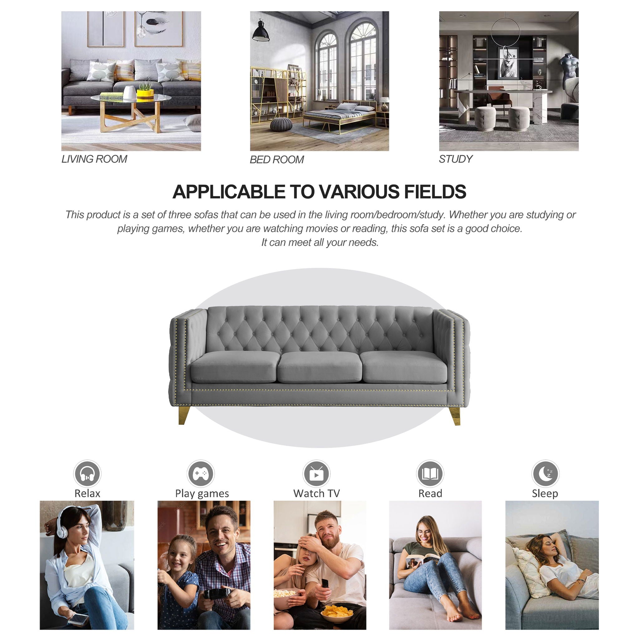 Upholstered Couch Sofa With Button Tufting For Living Room