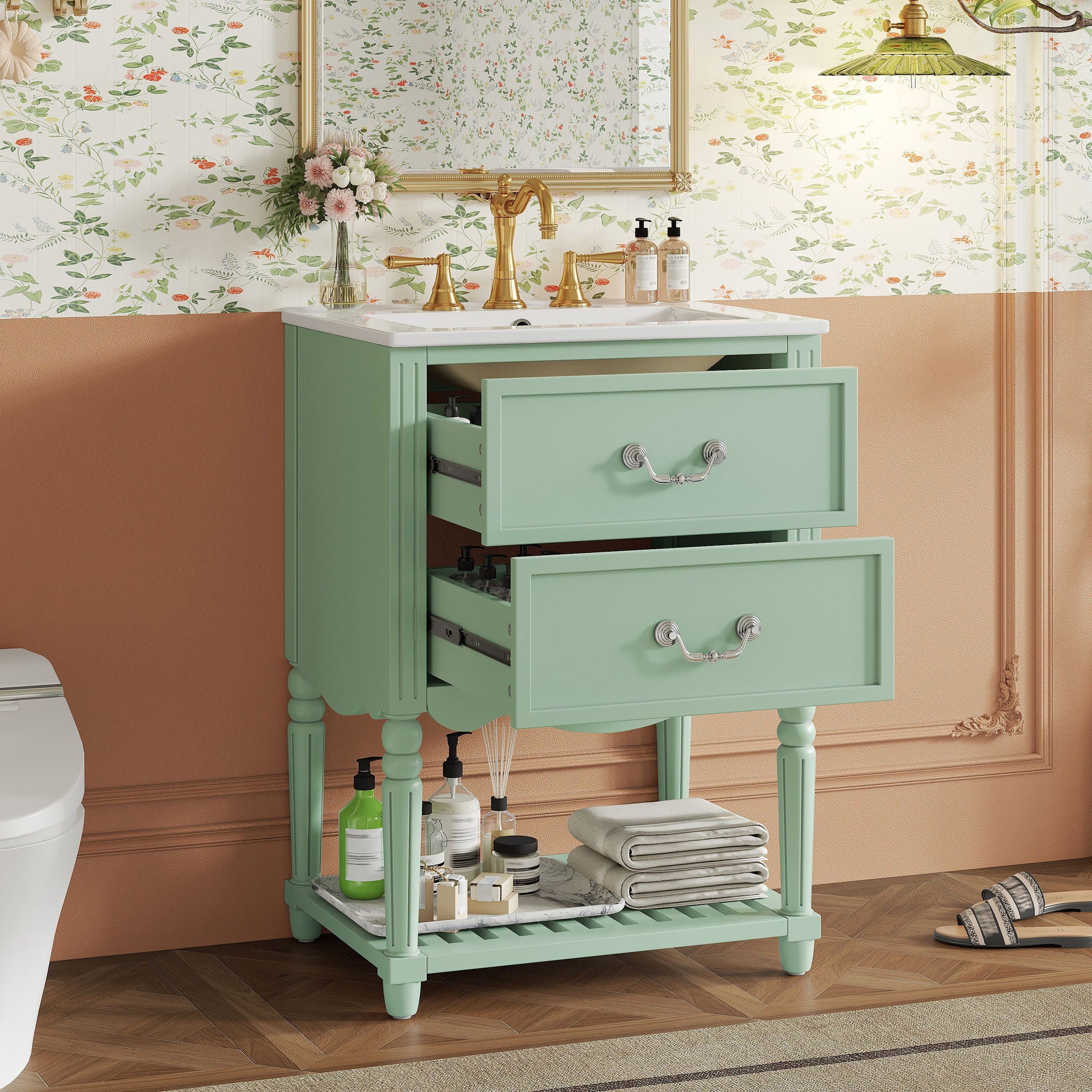Wave Design Bathroom Vanity With Sink, 2 Drawers And Open Shelf