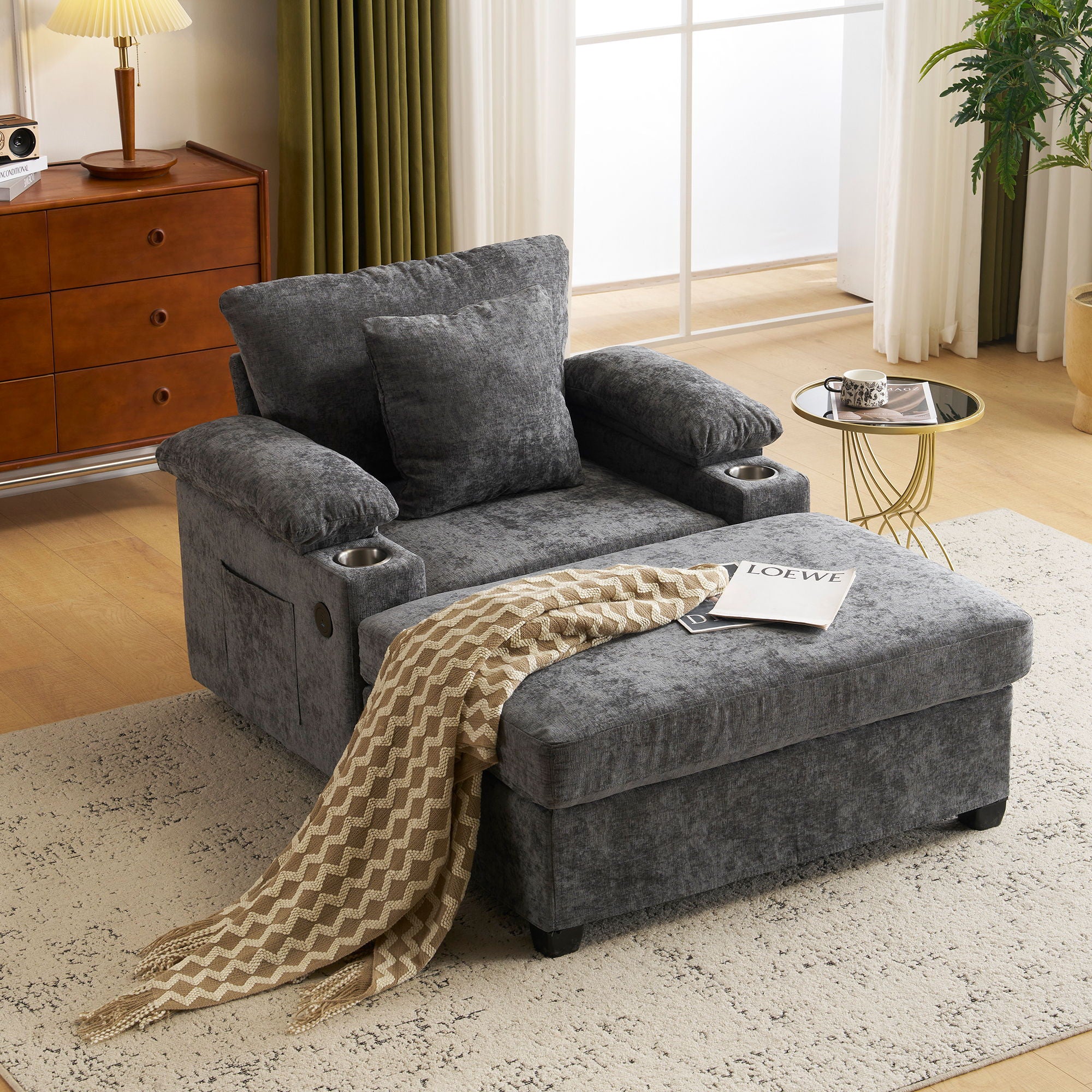 Modern Oversized Chair With Ottoman, Cupholders And USB Charging Ports