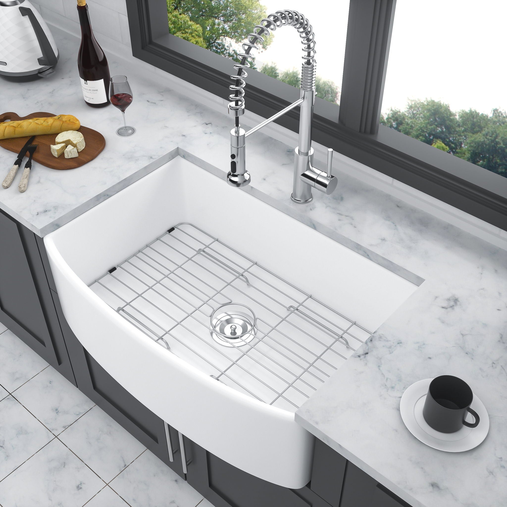 Ceramic Farmhouse Sink, Apron Front Single Bowl With Arch Edge