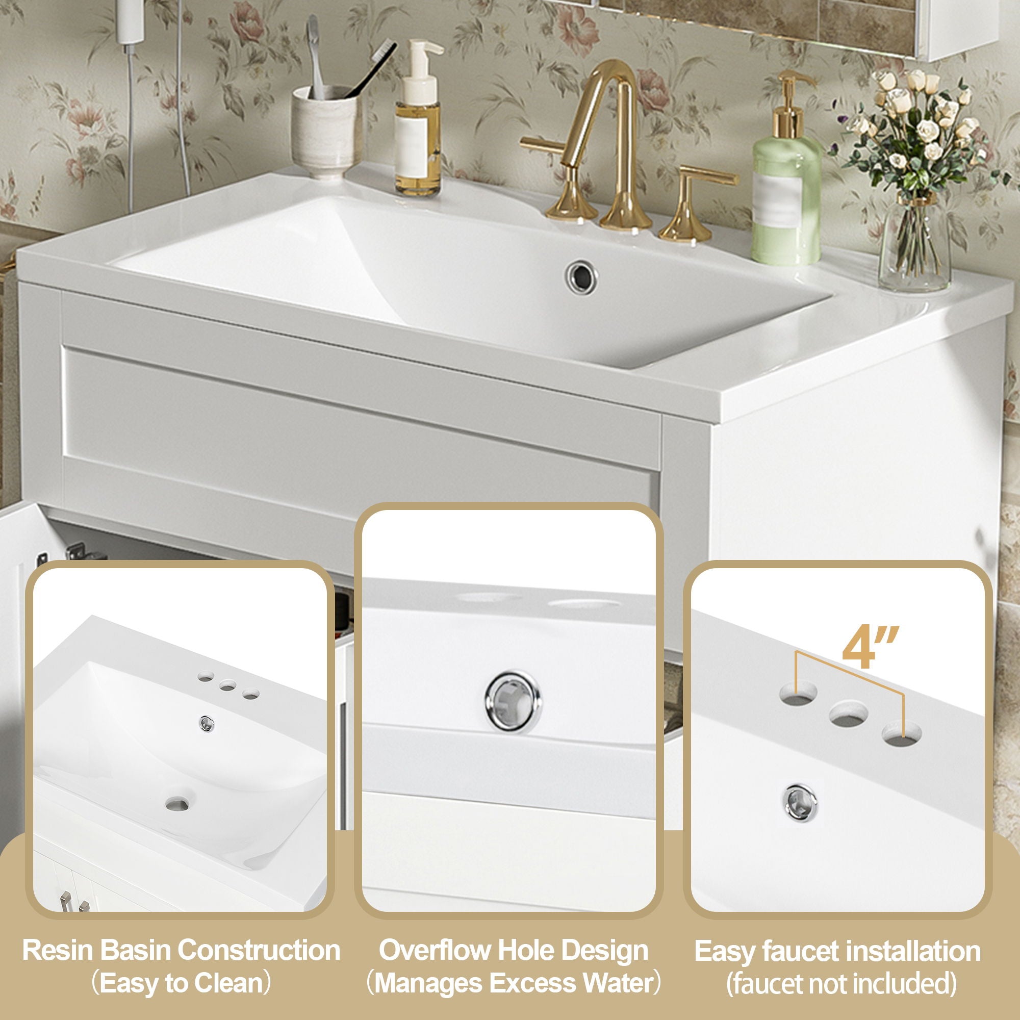 Bathroom Vanity With 2 Doors, 2 Drawers, Adjustable Shelf, Hidden Slides & Soft Close Hinges