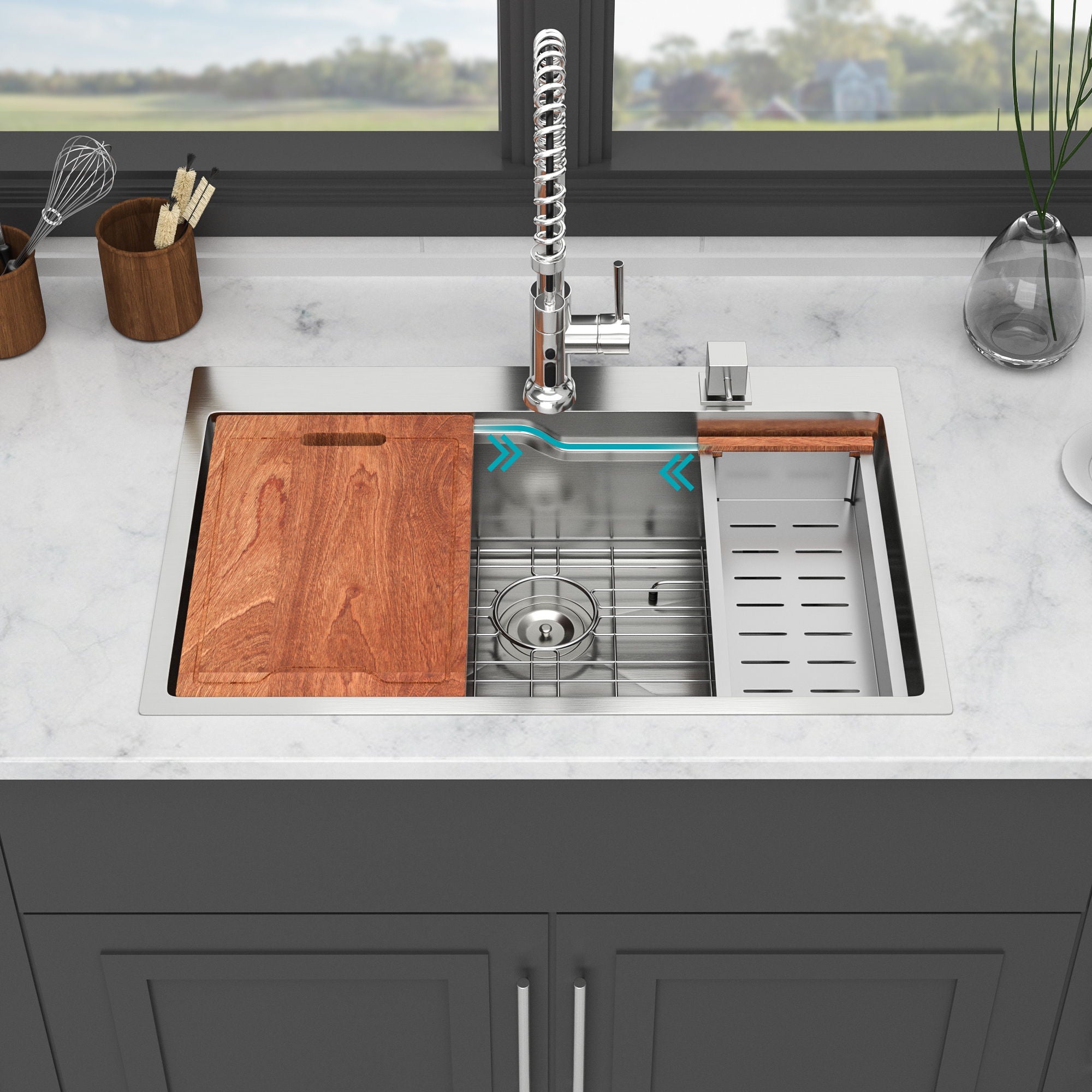 33" Drop In Kitchen Sink With Ledge Workstation, Single Bowl, 16 Gauge Stainless Steel - Black / Gray