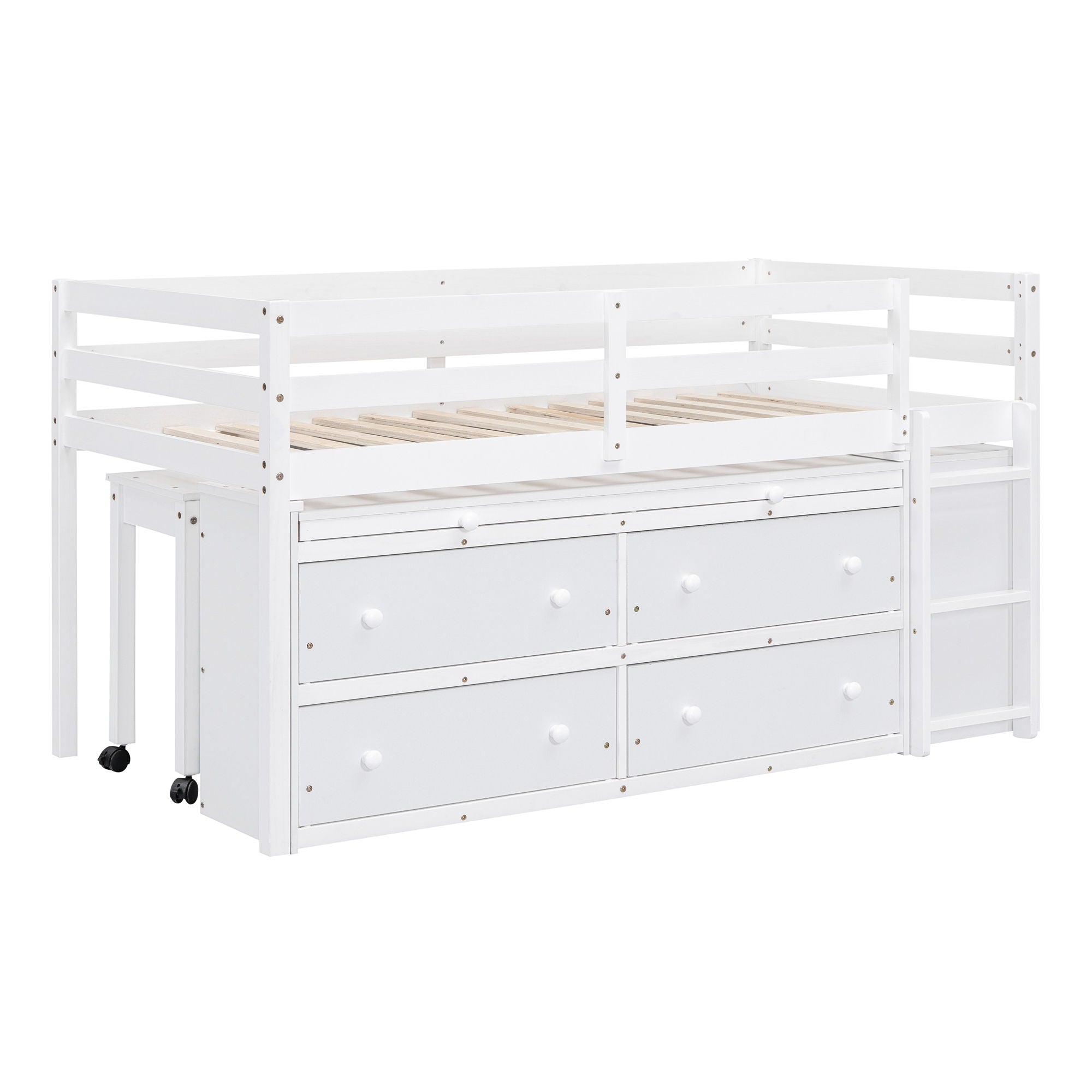 Loft Bed With Retractable Writing Desk And 4 Drawers, With Lateral Portable Desk And Shelves