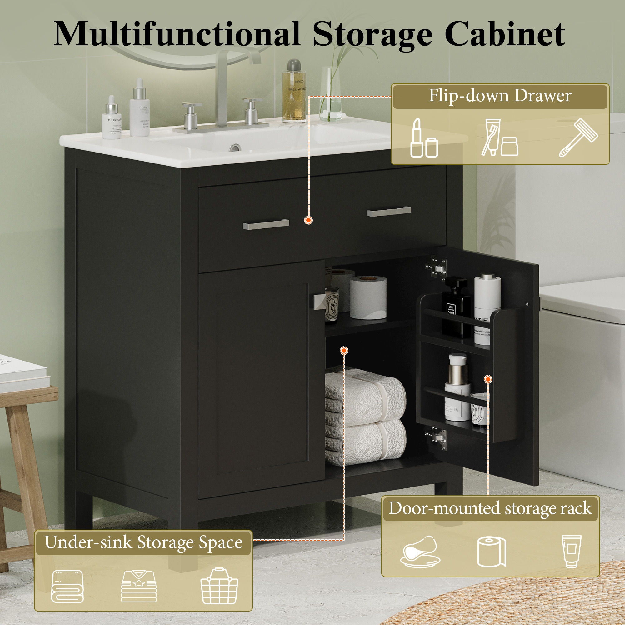 Bathroom Vanity With Ceramic Sink, Modern Single Bathroom Cabinet With 2 Doors And A Shelf, Soft Close Doors