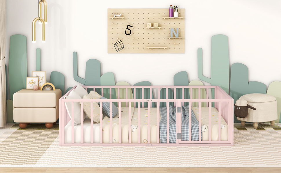 Metal Floor Bed Frame With Fence And Door