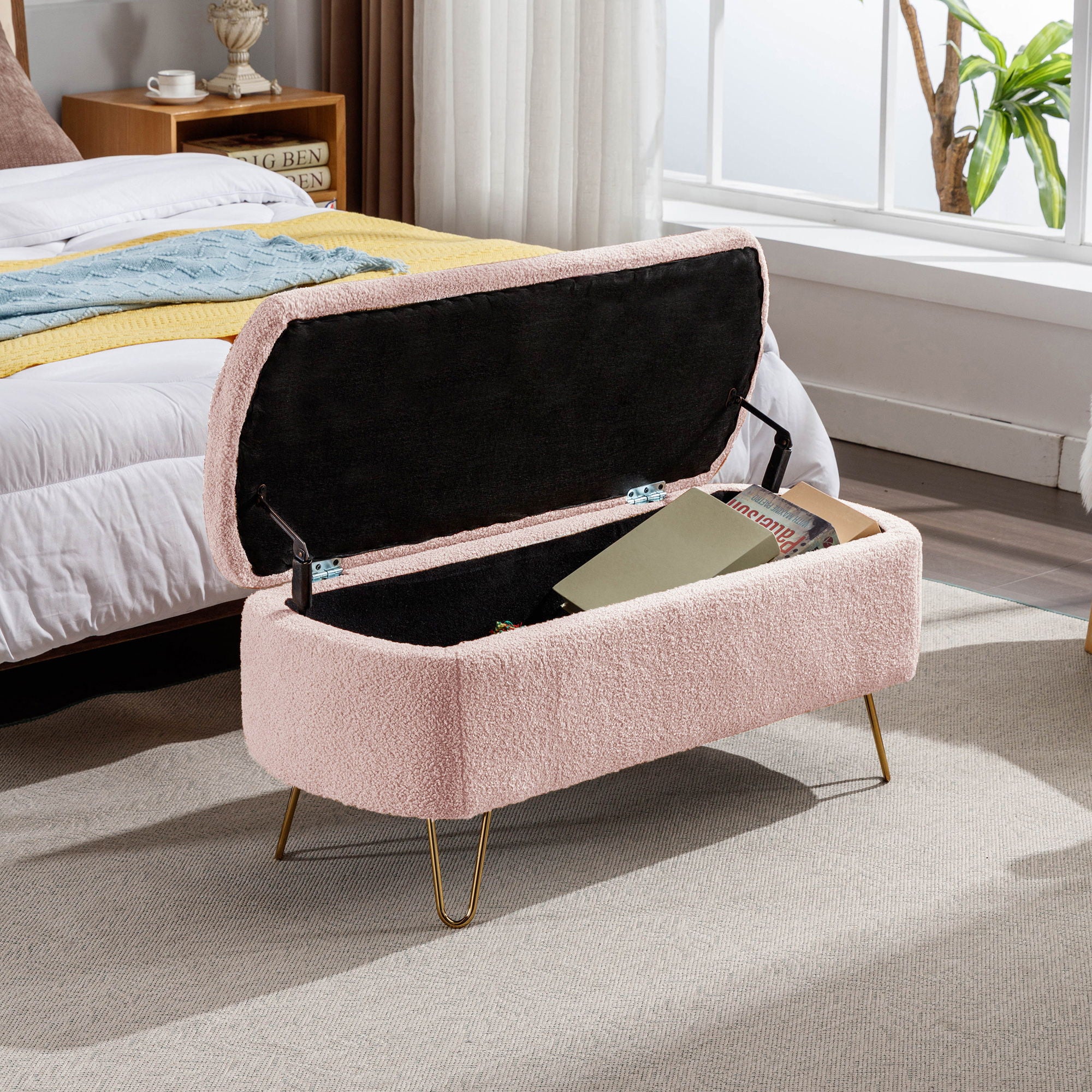 Storage Ottoman Bench For End Of Bed Legs, Modern Camel Faux Fur Entryway Bench Upholstered Padded With Storage For Living Room Bedroom