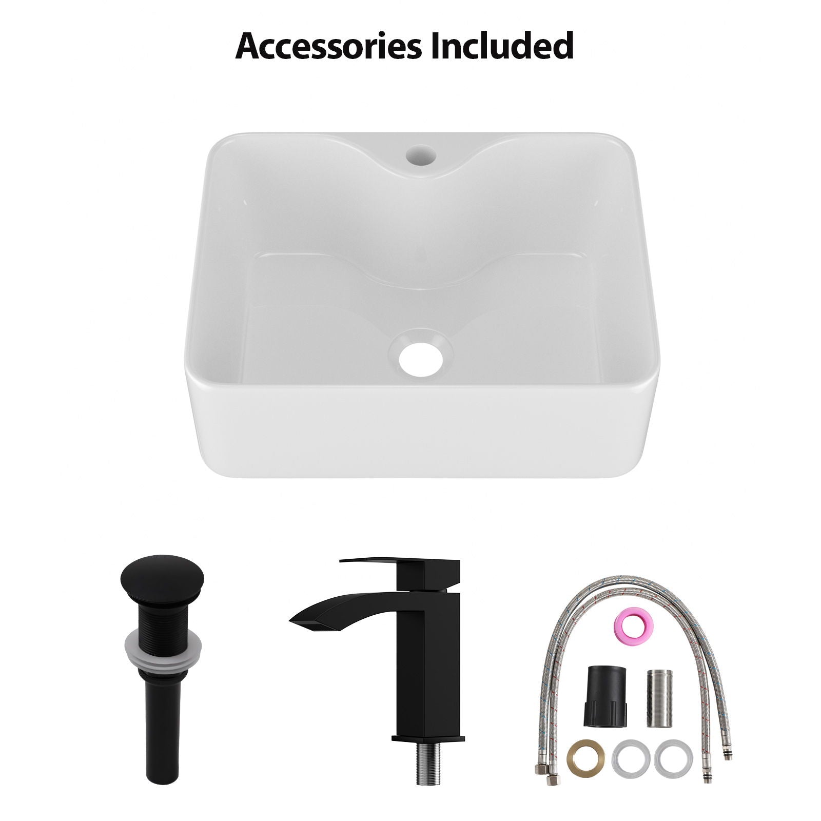 Rectangular Vessel Sink With Faucet & Drain - White / Black