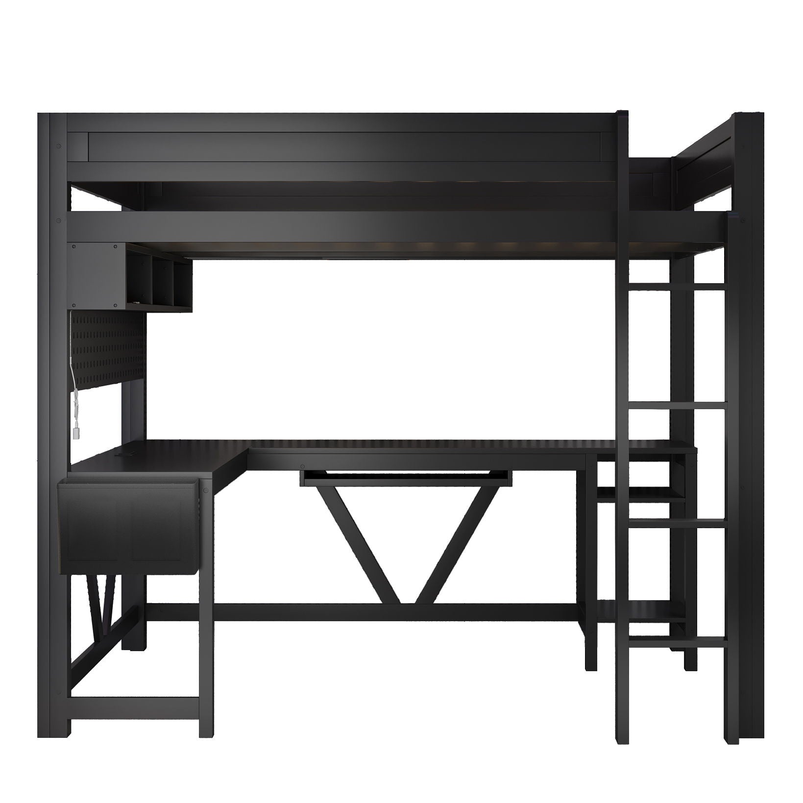 Gaming Loft Bed With Desk, Storage Shelves, LED And Charging Station
