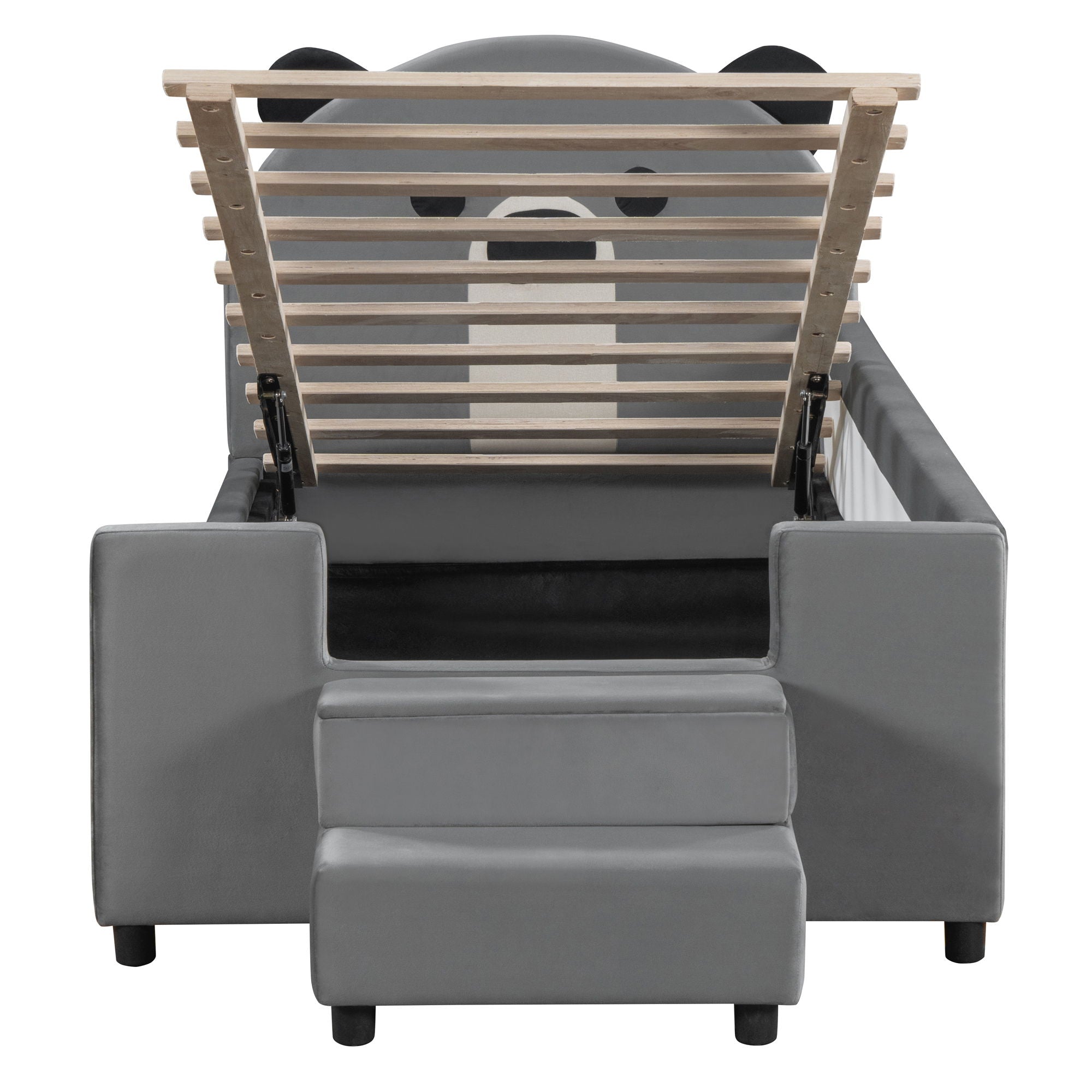 Upholstered Daybed With Bear Shaped Headboard, Hydraulic System And Breathable Fence
