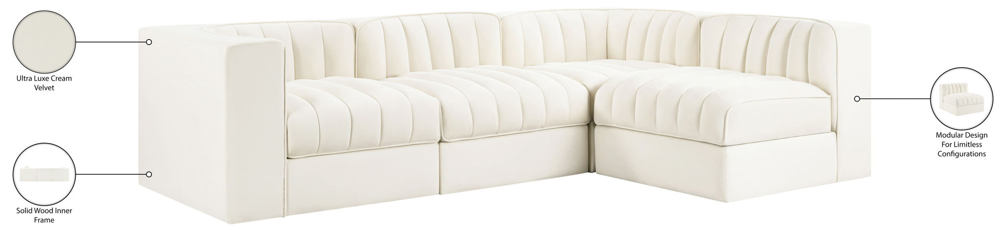 Rummi - Velvet Performance Fabric Upholstered 4 Piece Modular Sectional
