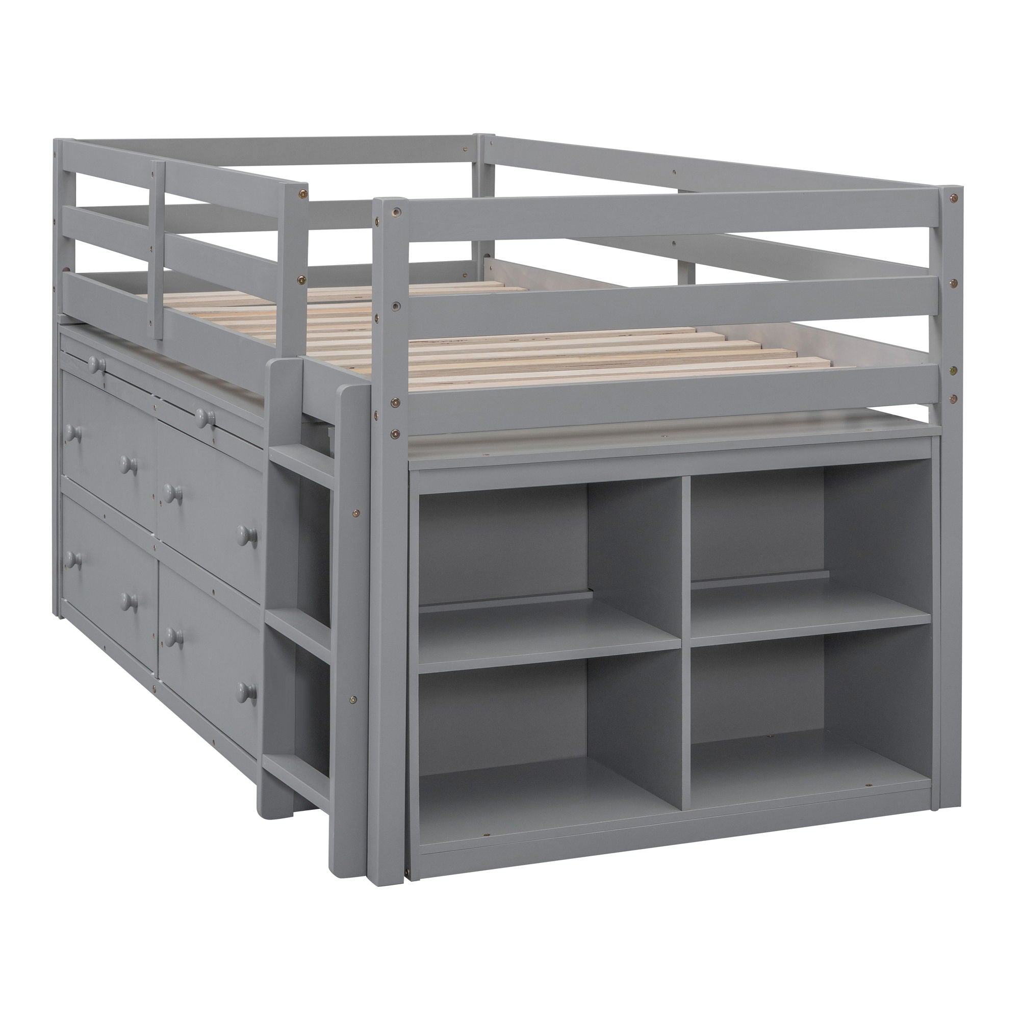 Loft Bed With Retractable Writing Desk And 4 Drawers, With Lateral Portable Desk And Shelves
