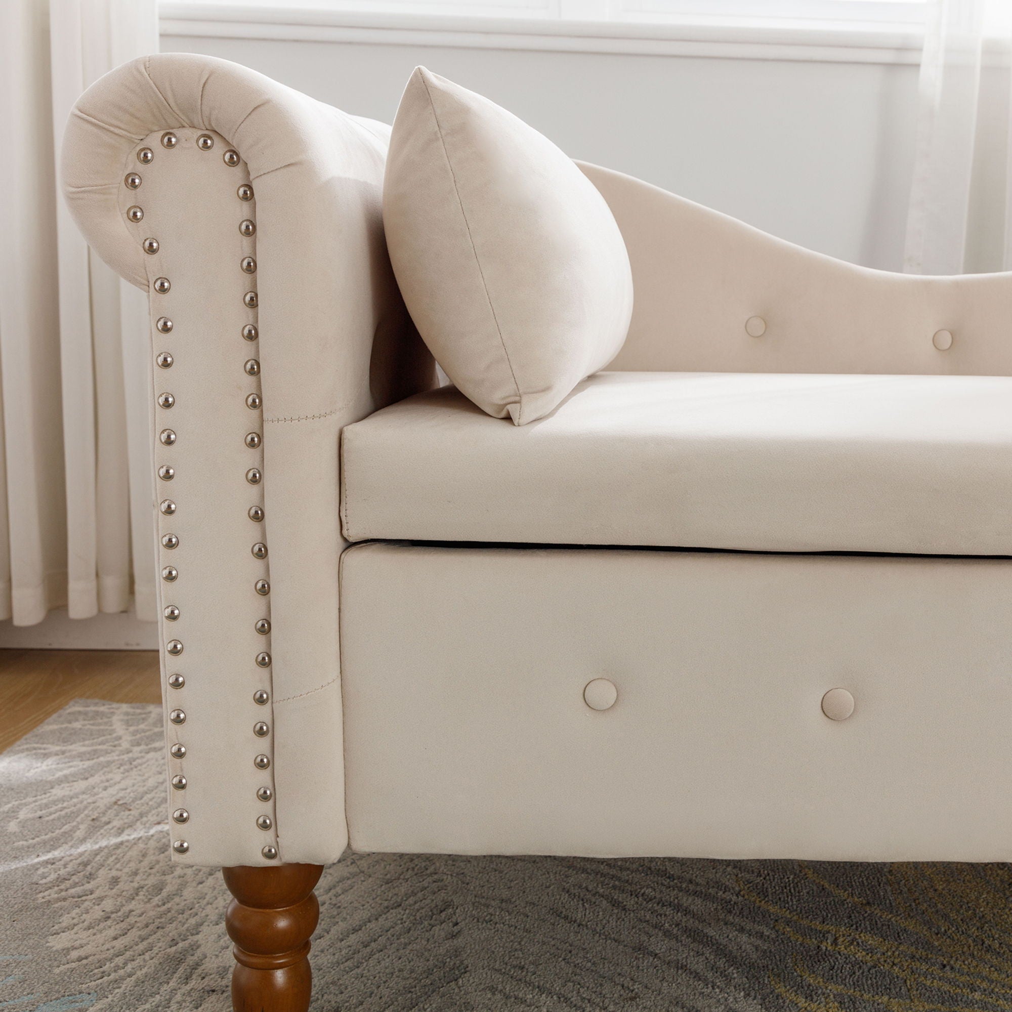 Chaise Lounge Indoor, Lounge Chair For Bedroom With Storage & Pillow, Modern Upholstered Rolled Arm Chase Lounge For Sleeping With Nailhead Trim For Living Room Bedroom Office