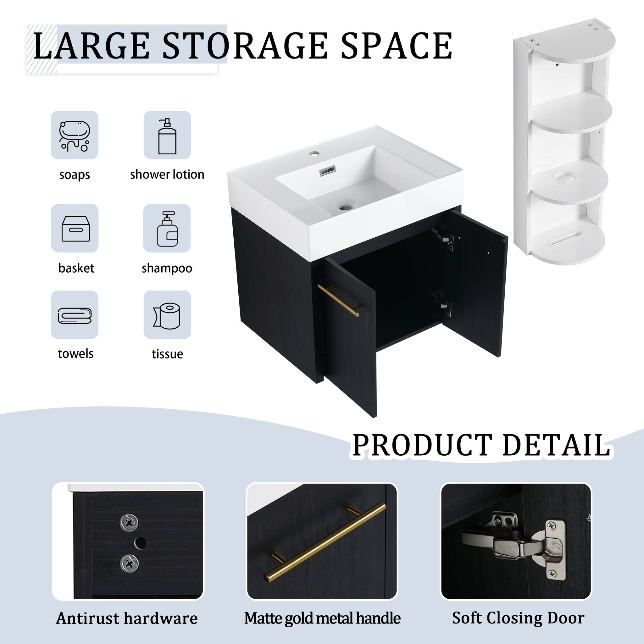 Modern Wall Mounted Bathroom Vanity With Resin Sink And Storage Rack