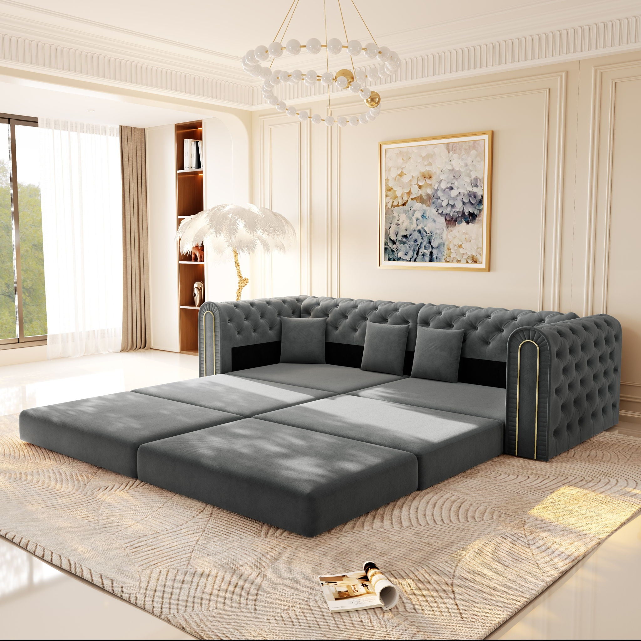 3-In-1 Convertible Sleeper Sofa With Movable Ottoman For Living Room