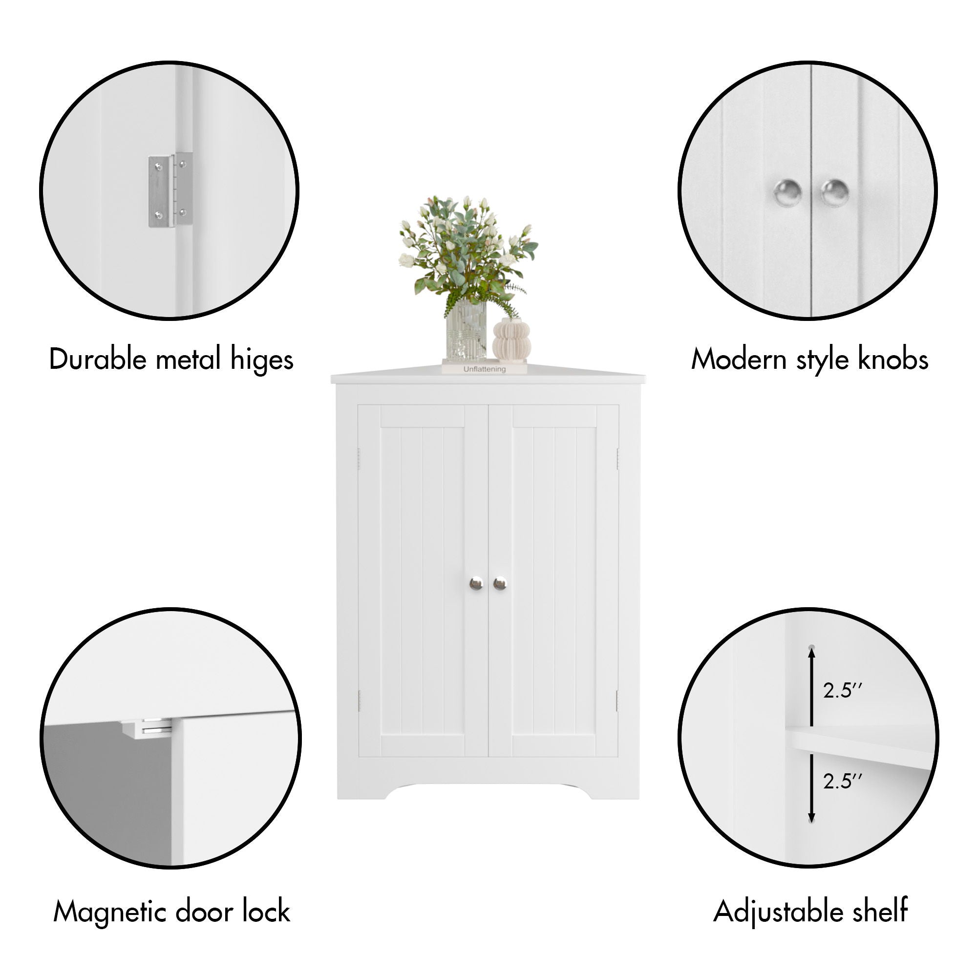 Corner Cabinet With 2 Doors And Adjustable Shelves, Freestanding Narrow Storage Organizer For Bathroom - White
