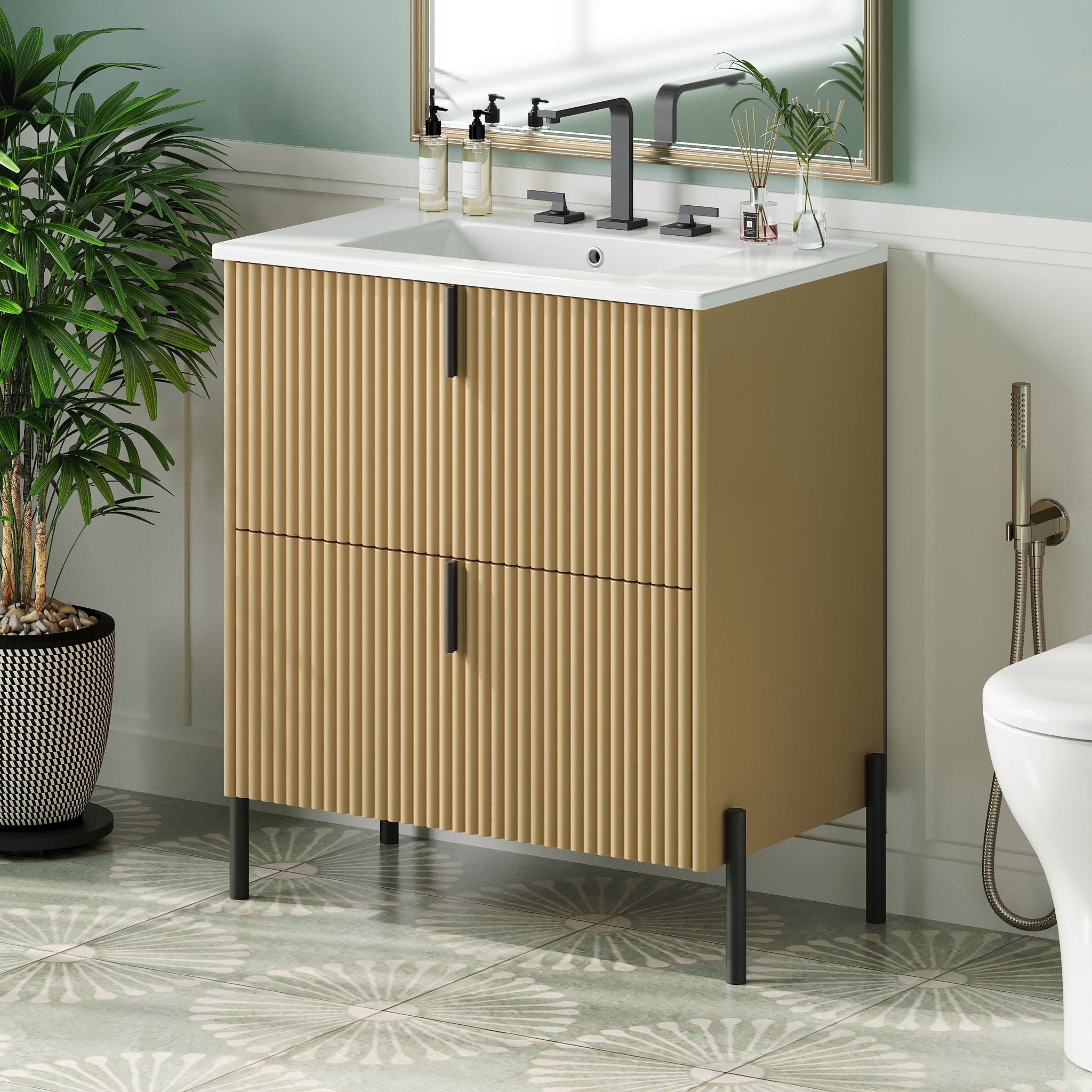 Fluted Bathroom Vanity With Ceramic Sink, Freestanding Design