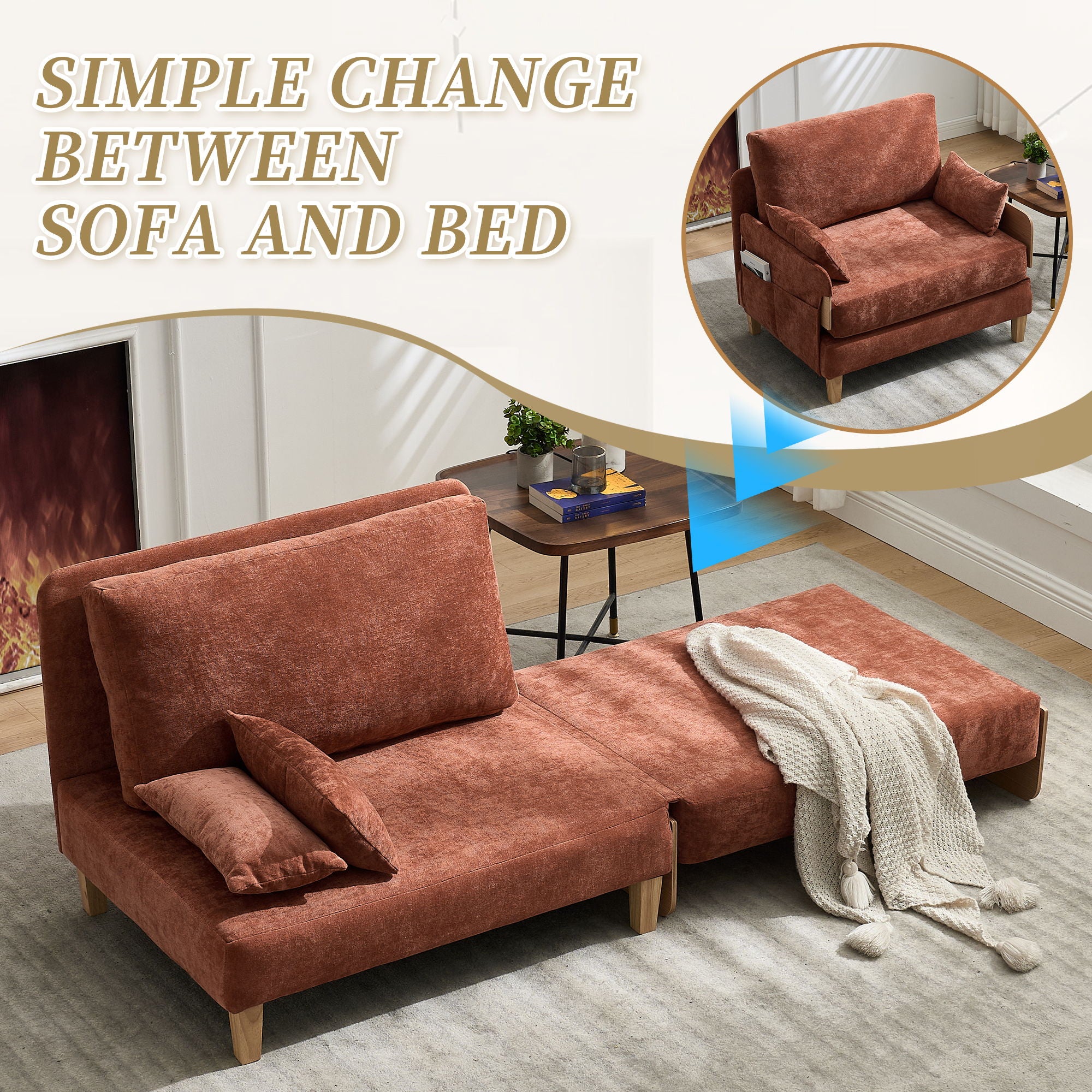 Mid Century Modern Foldable Sofa Bed, 3 In 1 Convertible Sleeper With 3 Pillows