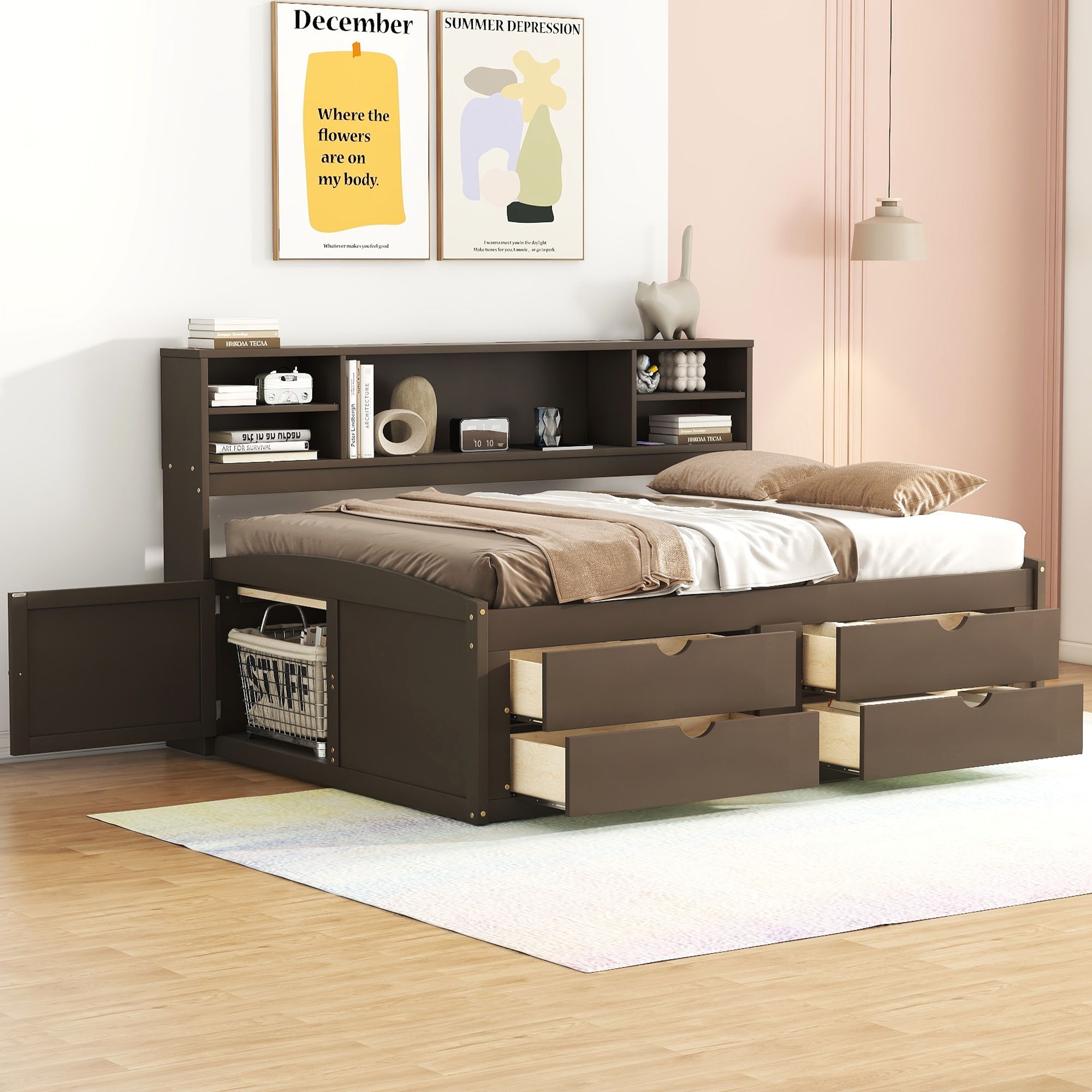 Daybed With 2 Bedside Cabinets, Upper Shelves And 4 Drawers