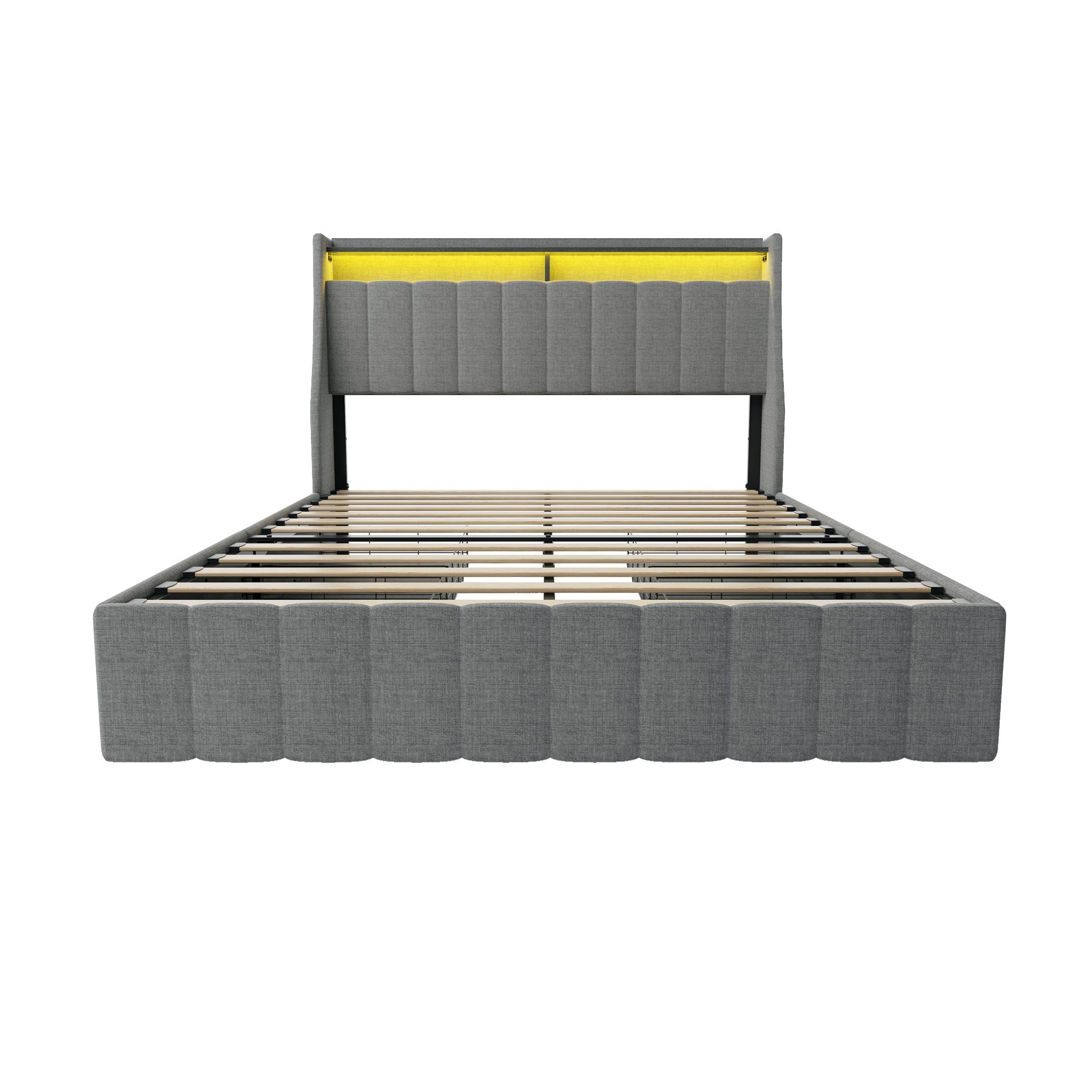 Queen Size Bed Frame With LED Lighting, Winged Headboard With Storage Drawers - Light Gray