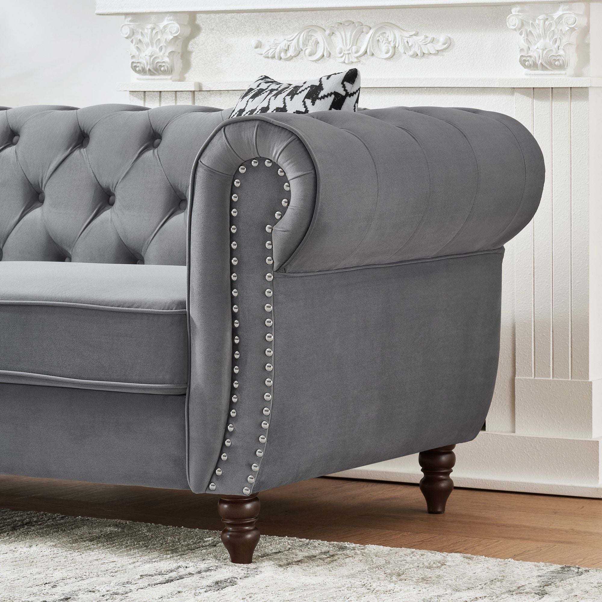 Chesterfield Upholstery Fabric Sofa With Roll Armrest & Nailhead