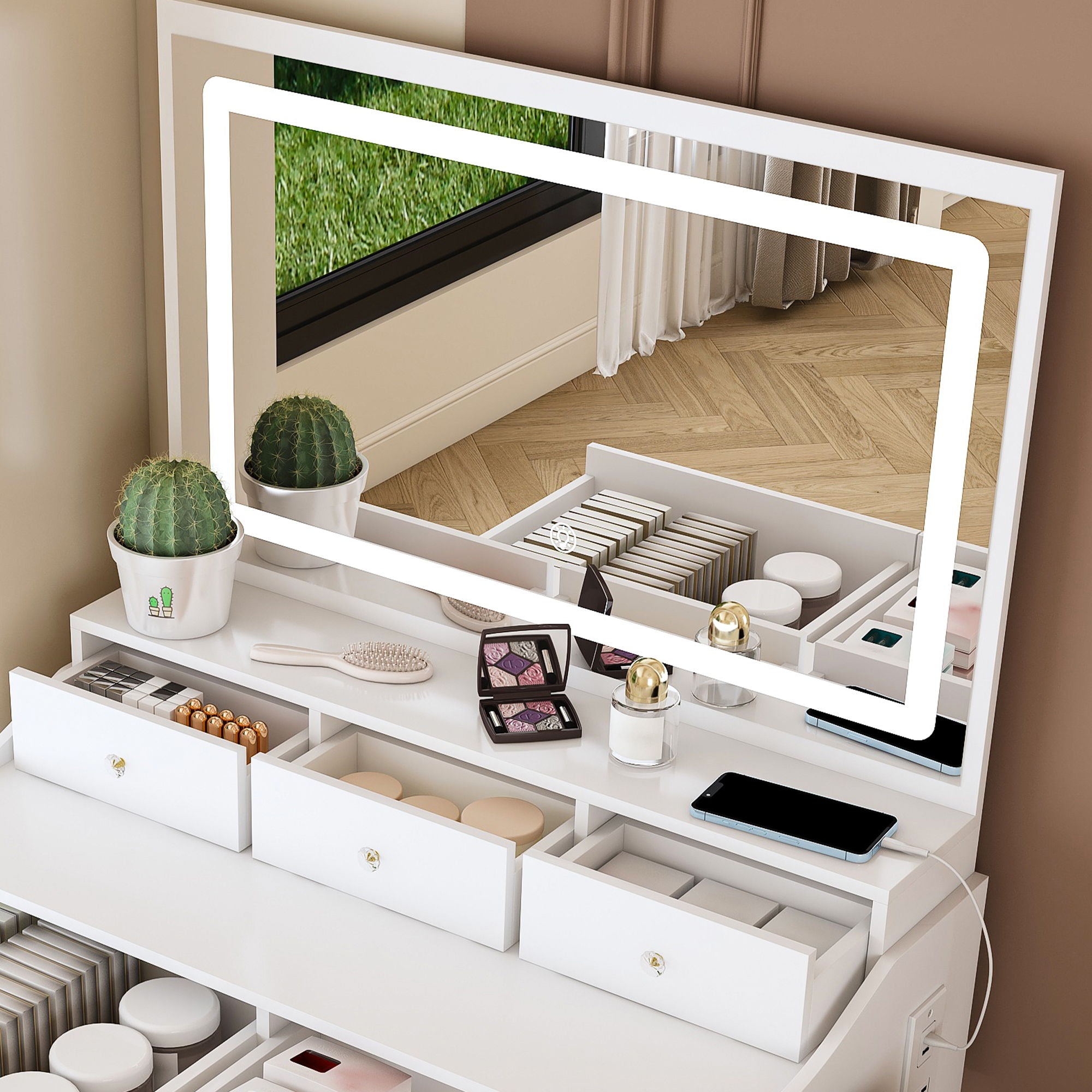 Modern Makeup Vanity Set With Power Outlet, Hair Dryer Holder, And Adjustable Lighting