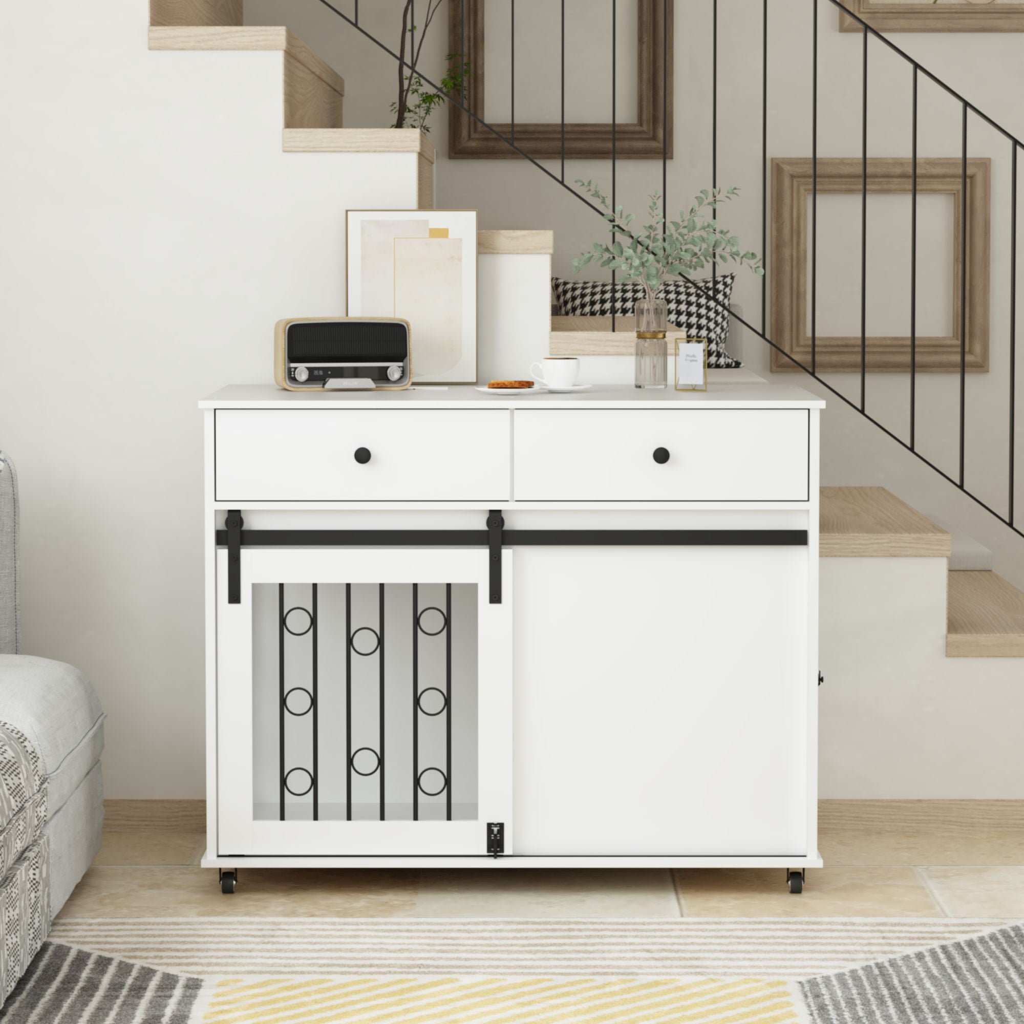 Dog Crate Furniture With Double Drawers And Sliding Barn Door, Pet Kennel For Small To Medium Dogs - White