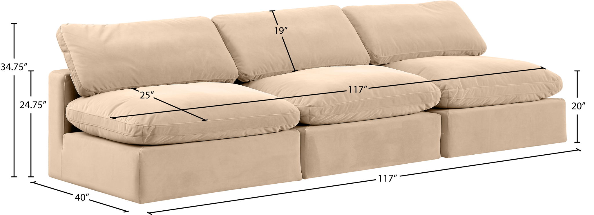 Comfy - Velvet Modular Armless Sofa 3 Seats