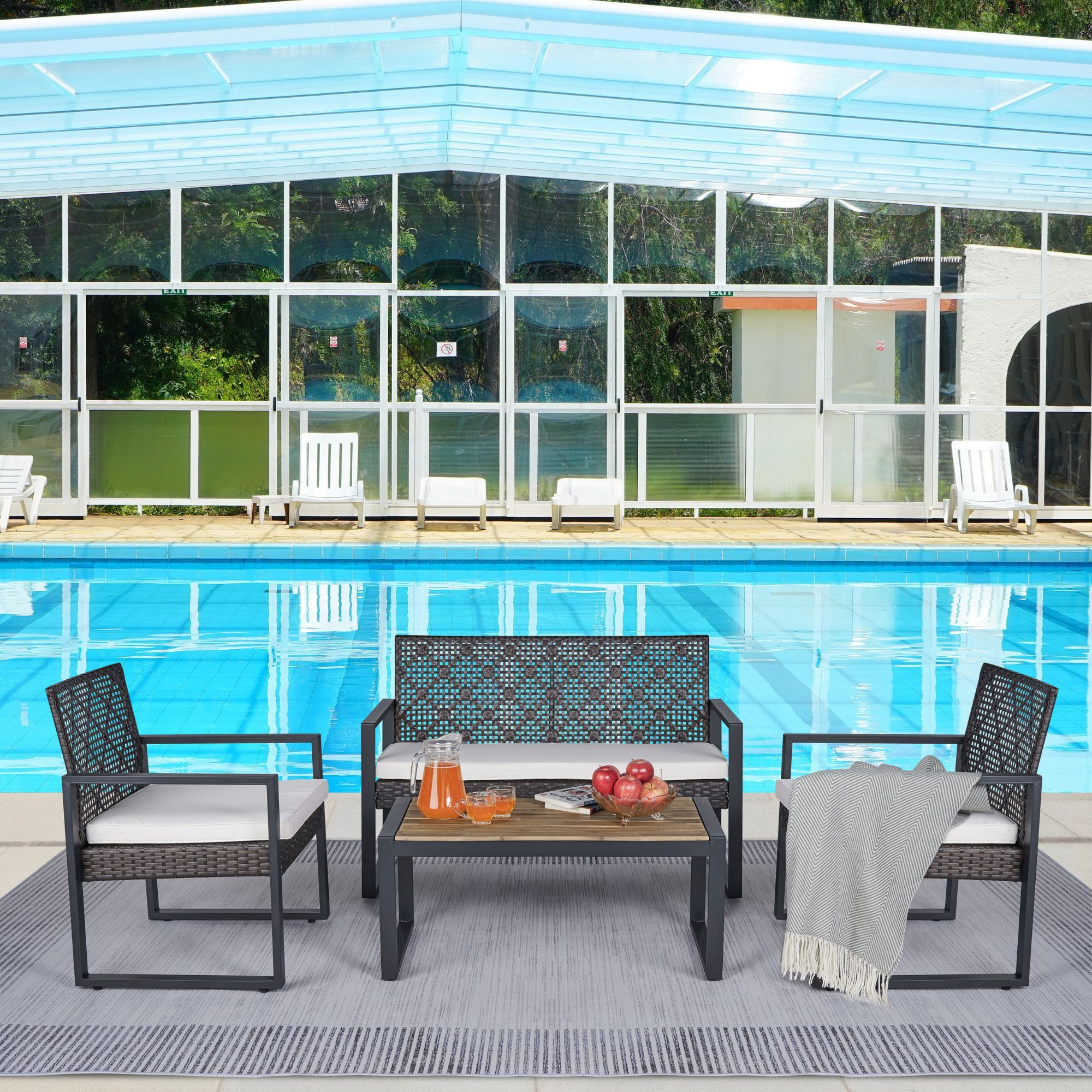 4 Piece Patio Furniture Set With Acacia Wood Table Top And Cushions