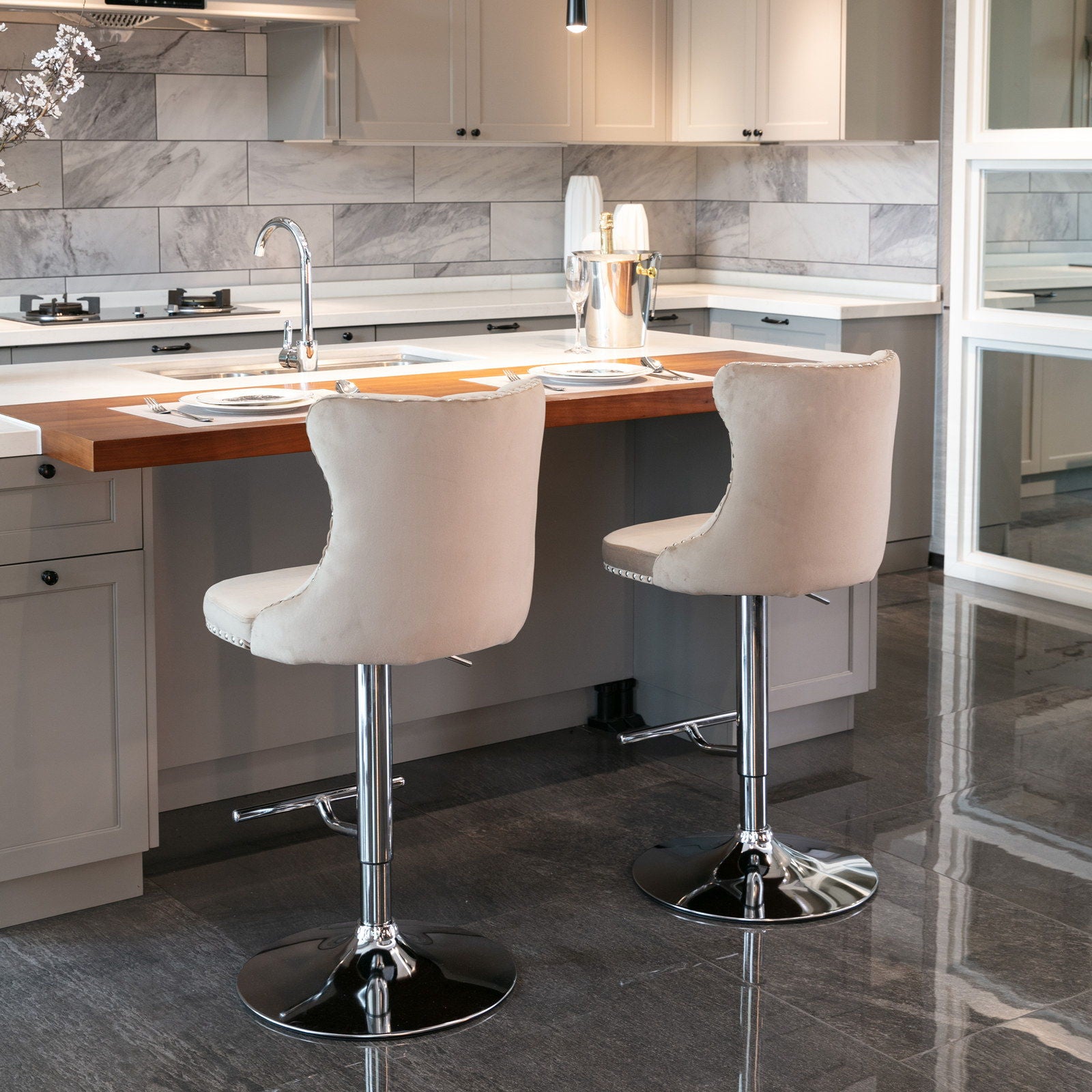 Swivel Barstools Adjusatble Seat Height From 25-33", Modern Upholstered Base Bar Stools With Backs Comfortable Tufted For Home Pub And Kitchen Island (Set of 2)