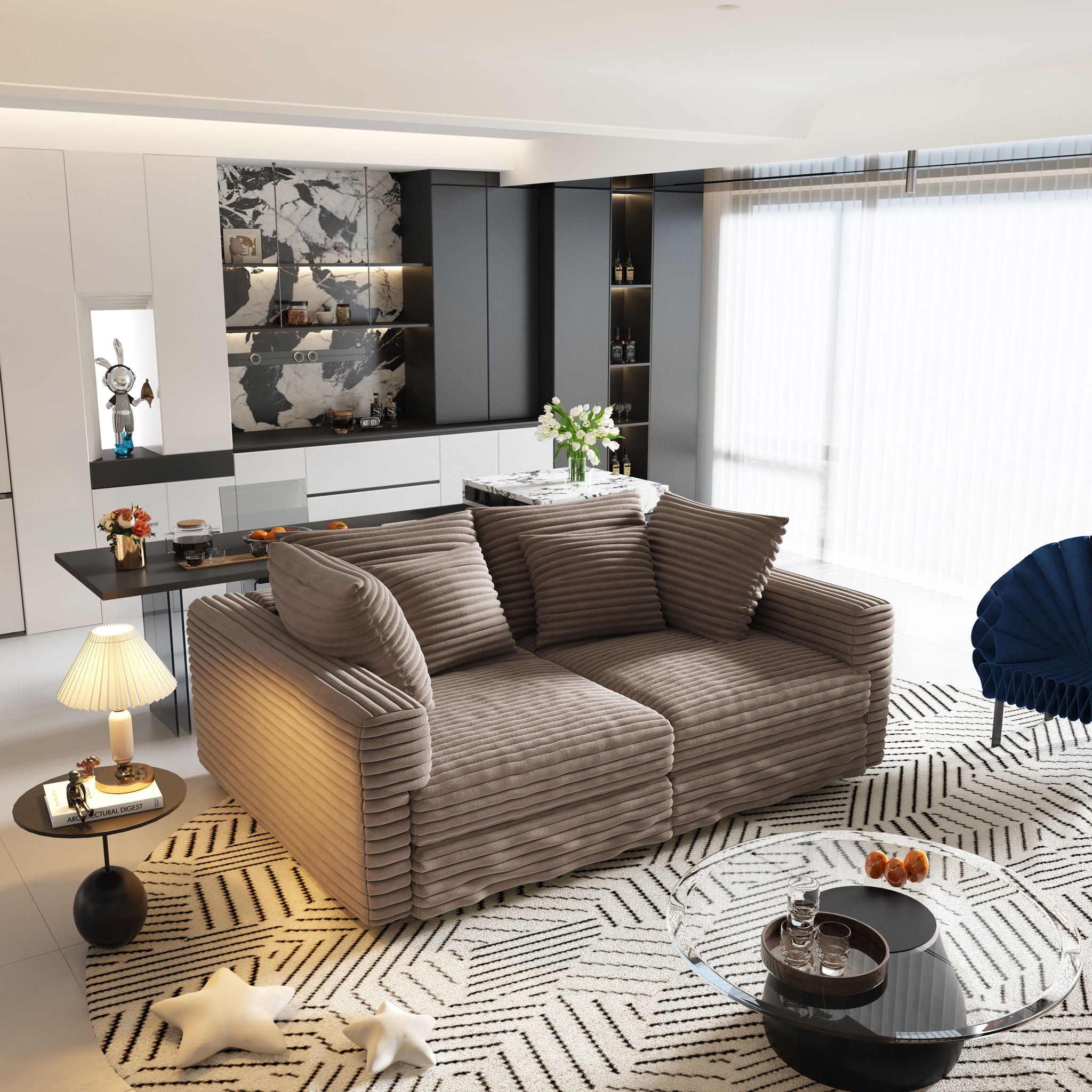 Deep Seat Convertible Sofa With Soft Pillows And Ottomans