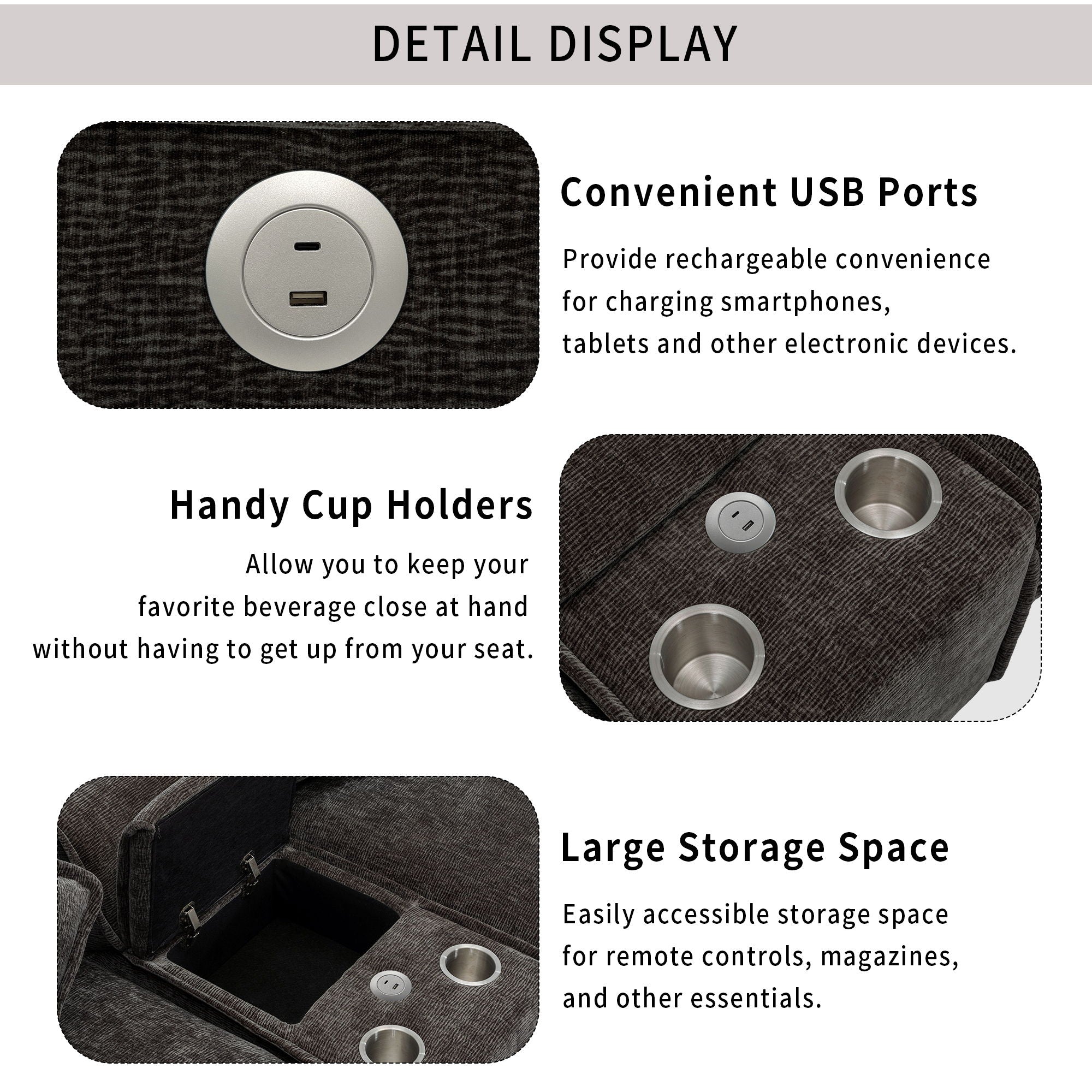 Sectional Sofa Upholstered Sofa With Two Removable Ottoman, Two USB Ports, Two Cup Holders And Large Storage Box For Living Room