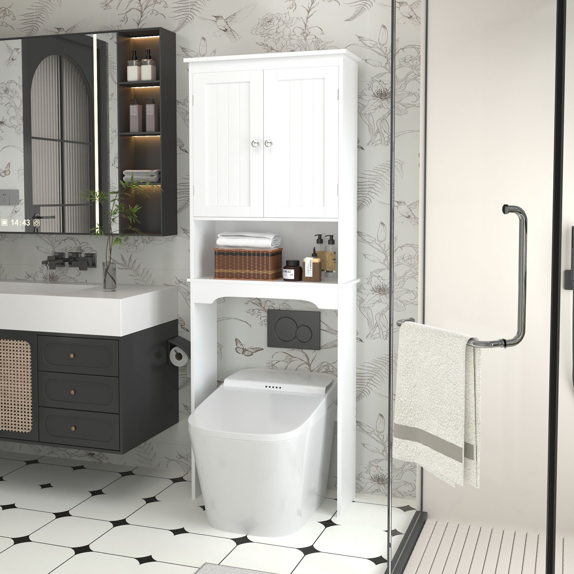 Over The Toilet Storage Cabinet, Bathroom Space Saver With Adjustable Shelf - White